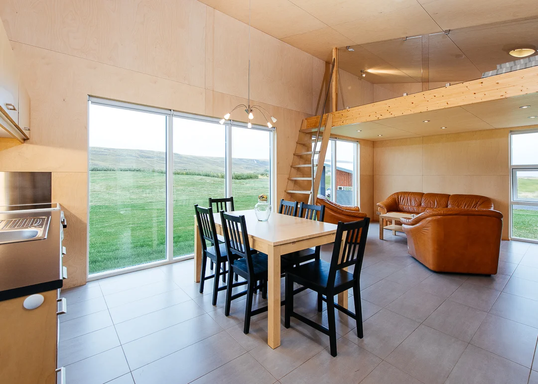 Kitchen in the Einishus Cottage. The large glass windows gave the feeling of being outdoors.