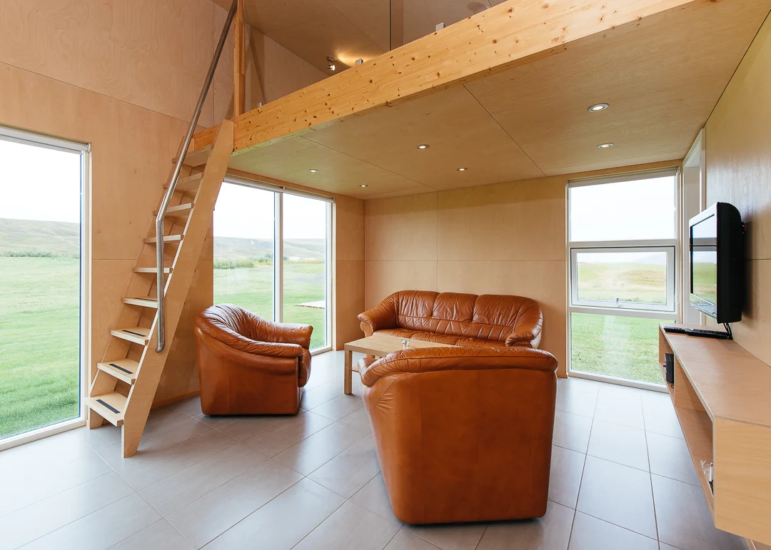 Living area of the Einishus Cottage. Simple, clean, and efficient.