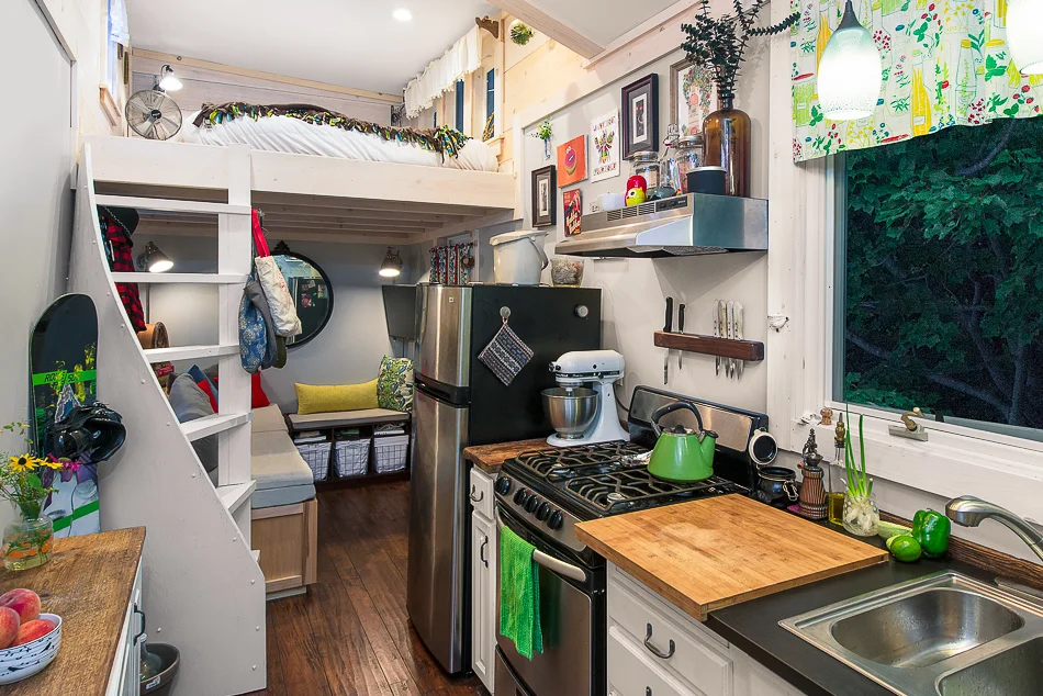 Kitchen, living room, and bedroom loft. 