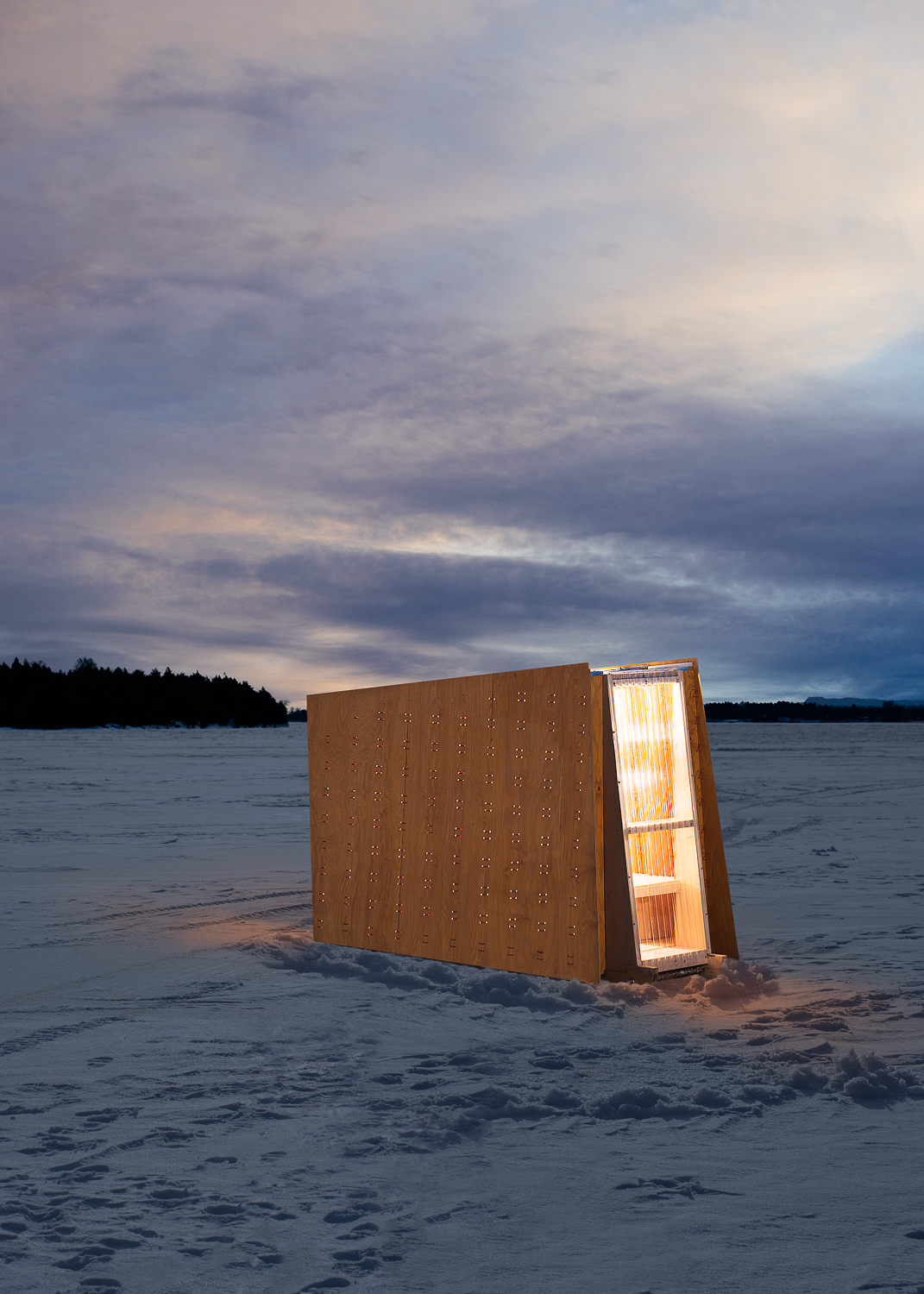 Ice Ark: Ice fishing shanty photoshopped onto Lake Champlain