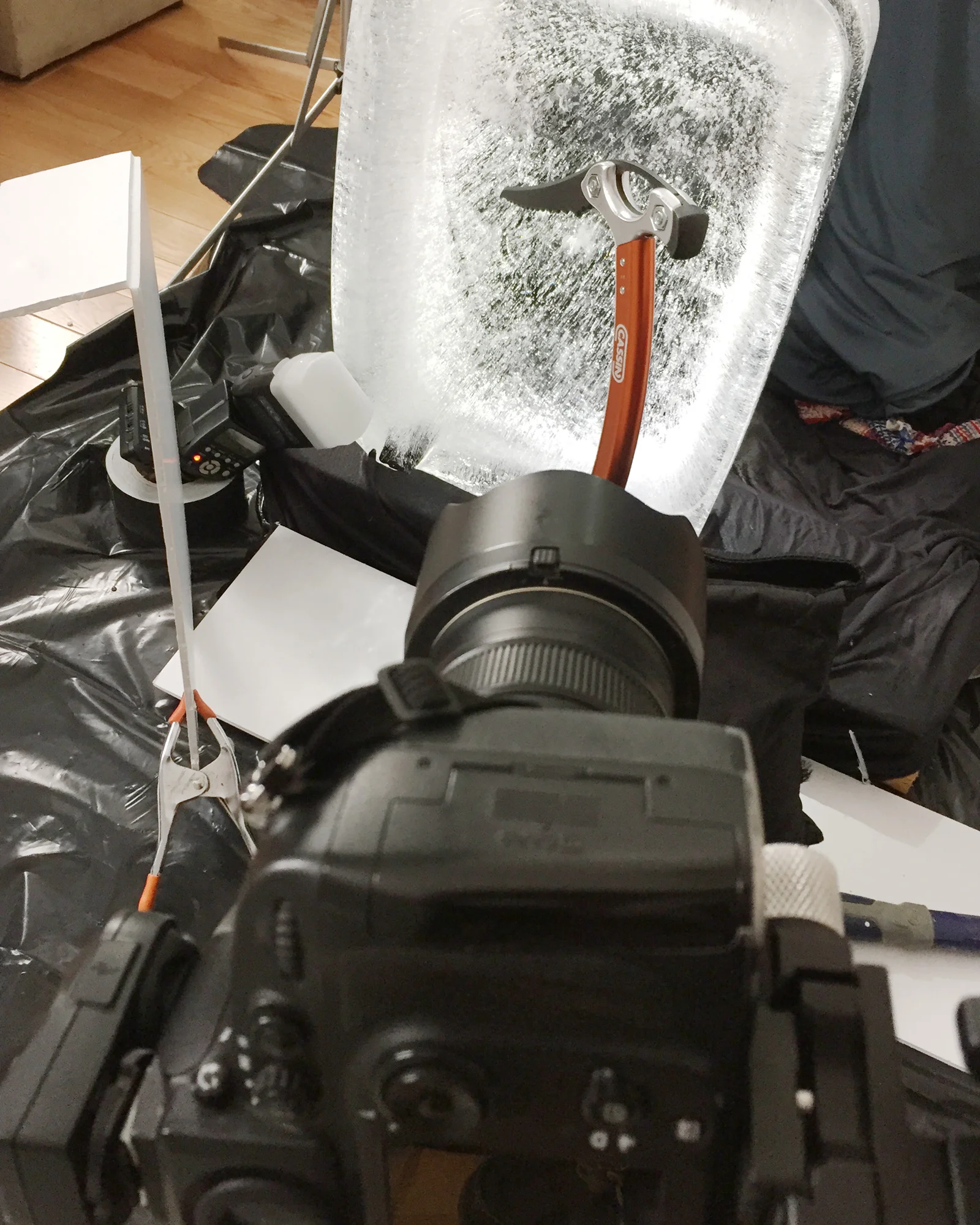 Behind the scenes look at the ice axe propped.