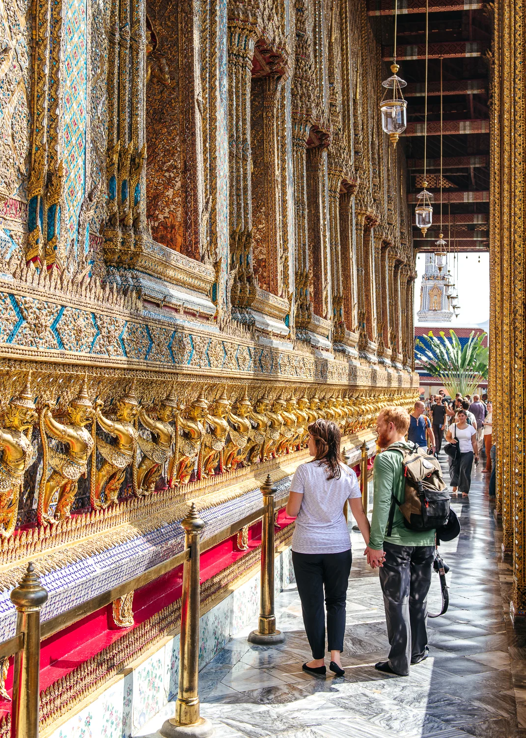 Sam and Mike admiring the intricate detail of the Temple of the Emerald Buddha.
