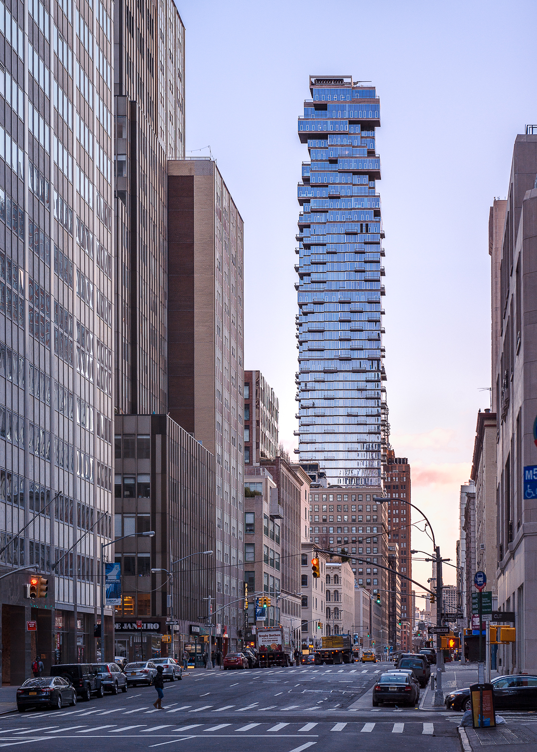 Sunrise on "Jenga Tower" - architect - Herzog Demeuron. Opened in 2016 and due to its cantilevered balconies it has been described as "houses stacked in the sky."
