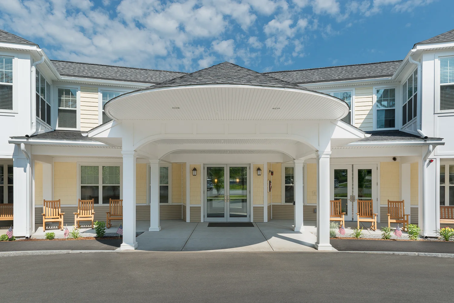 Rounded awning of the front entrance.