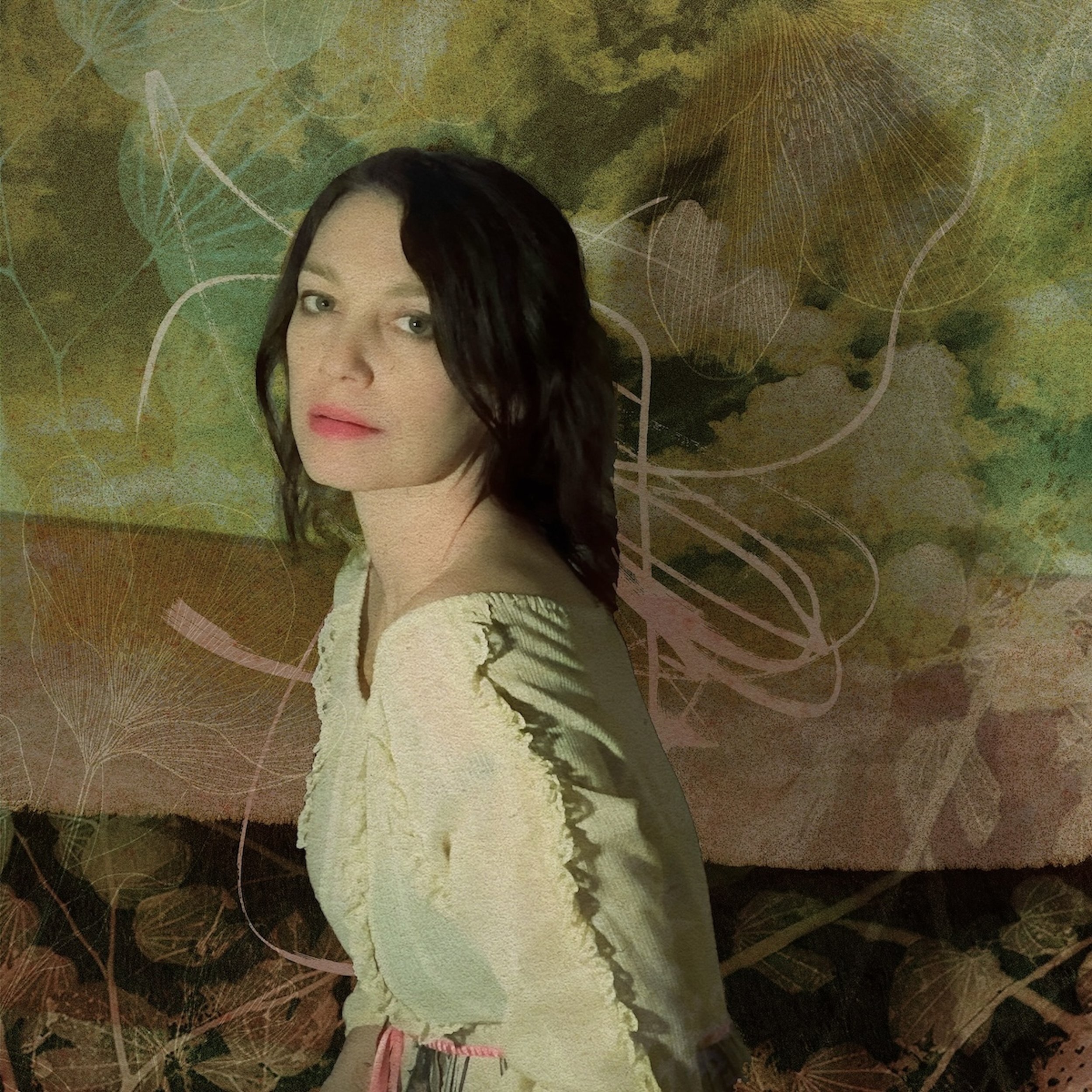 Portrait of Pieta Brown in a light-colored blouse, posed against a layered, abstract background in muted green, brown, and gold tones.