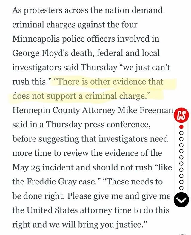 The suggestion of ANY kind of exculpatory set of circumstances is obscene. George Floyd was murdered and those responsible are not currently facing legal consequences. Please continue to call the hotline and repost until charges are brought. Also the