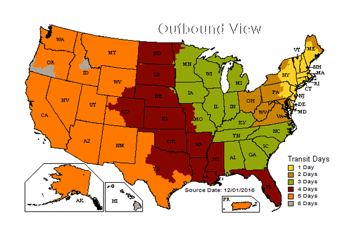 ups travel time map