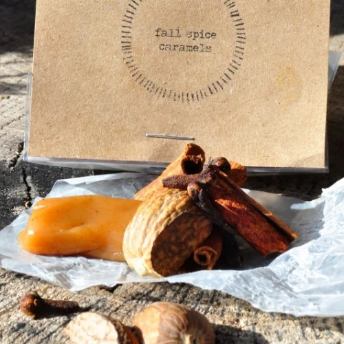 fall spice Fall spice was the first variation I made to the classic recipe -- pairing the sweetness of the caramels with the gentle spice so familiar to pumpkin pie and all things fall. Cinnamon, cloves and nutmeg bring a warmth to the flavors, and are perfect for savoring on a crisp fall day. When I first told my Poppa that I had added these spices to the caramel recipe he had shared with me, he was skeptical. But after mailing him some from my first batch, he agreed that they too were a sweet treat worth enjoying!
