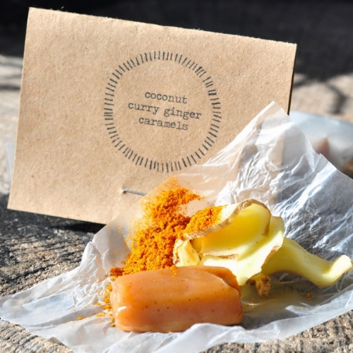 coconut curry ginger This is my personal favorite, after the classic sea salt. Inspired by some of my favorite ingredients to cook with, this caramel is packed with flavor! Made with coconut milk, crystallized ginger bits, and curry powder, each caramel carries a kick of spice and a smoothness of coconut cream. 