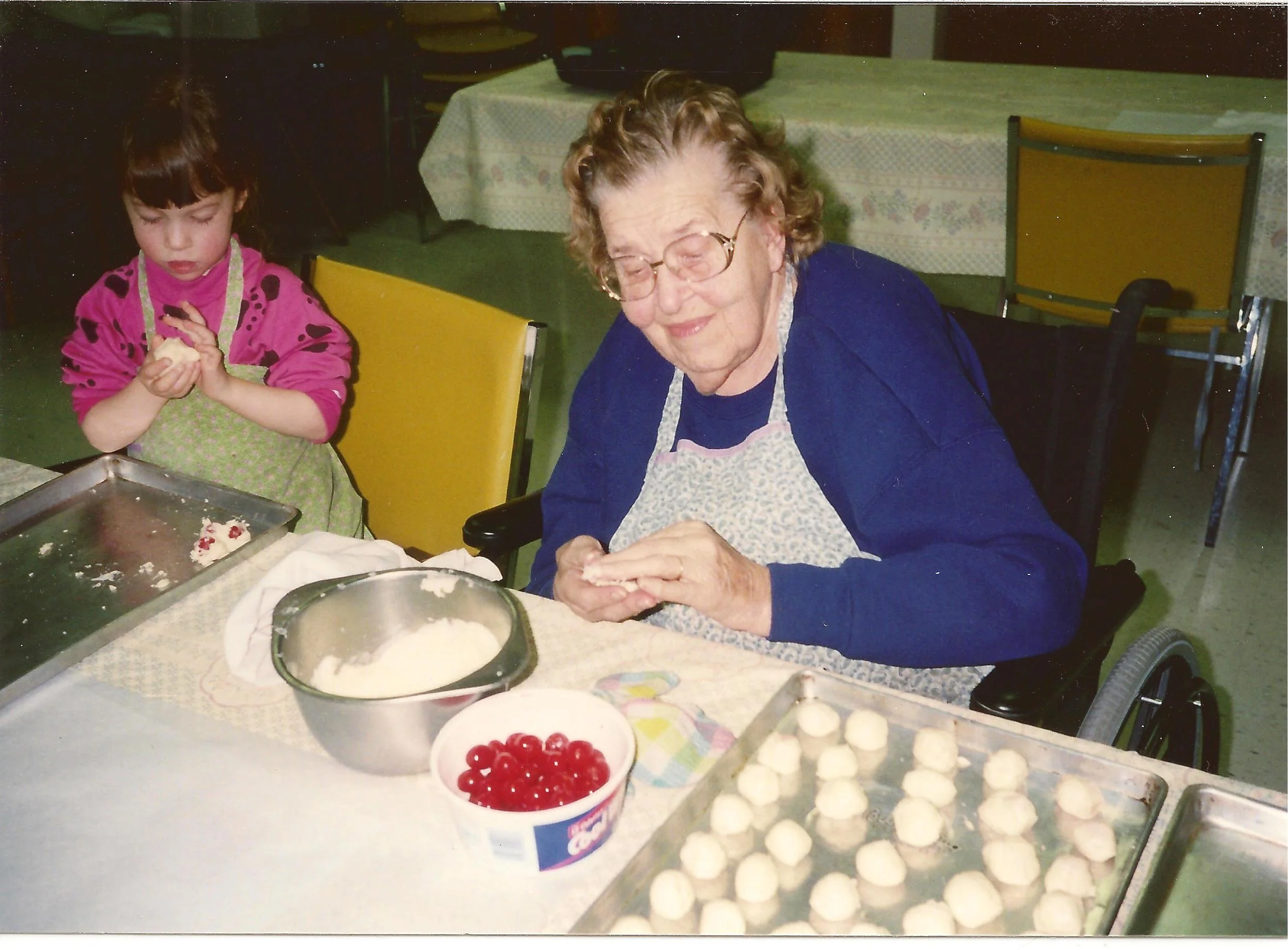 As a youngster, making chocolate covered cherries with my great grandma