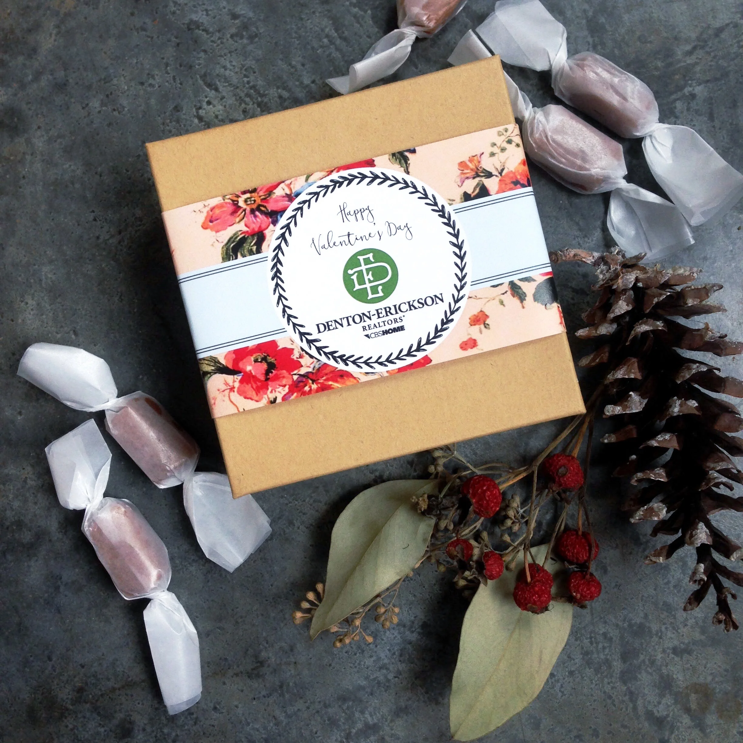 Featured sample of gift boxes prepared for Denton-Erickson Realty for Valentine's gifts to show their customer appreciation!