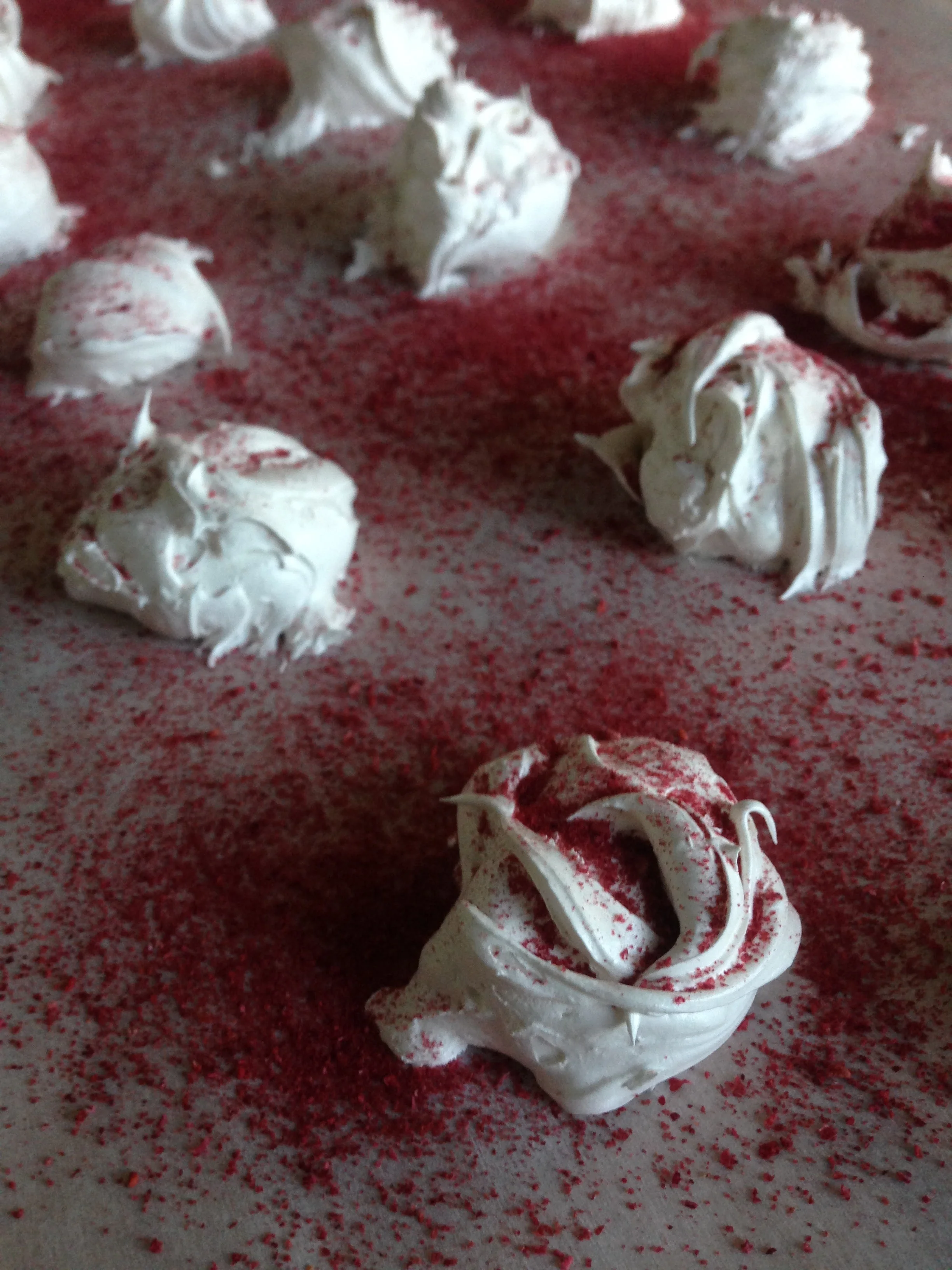 Instead of mixing in nuts, I topped my divinity with a sprinkle of dehydrated raspberry powder. It added a nice splash of color and a tartness to balance the sweetness of the divinity! 