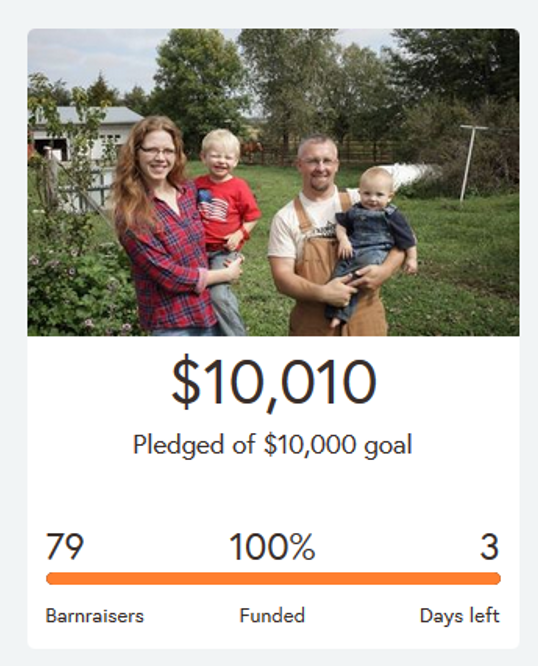 Aside from conventional loans and producer grants, William and Crystal raised an initial $10k through a crowdfunding campaign via Barnraiser.com