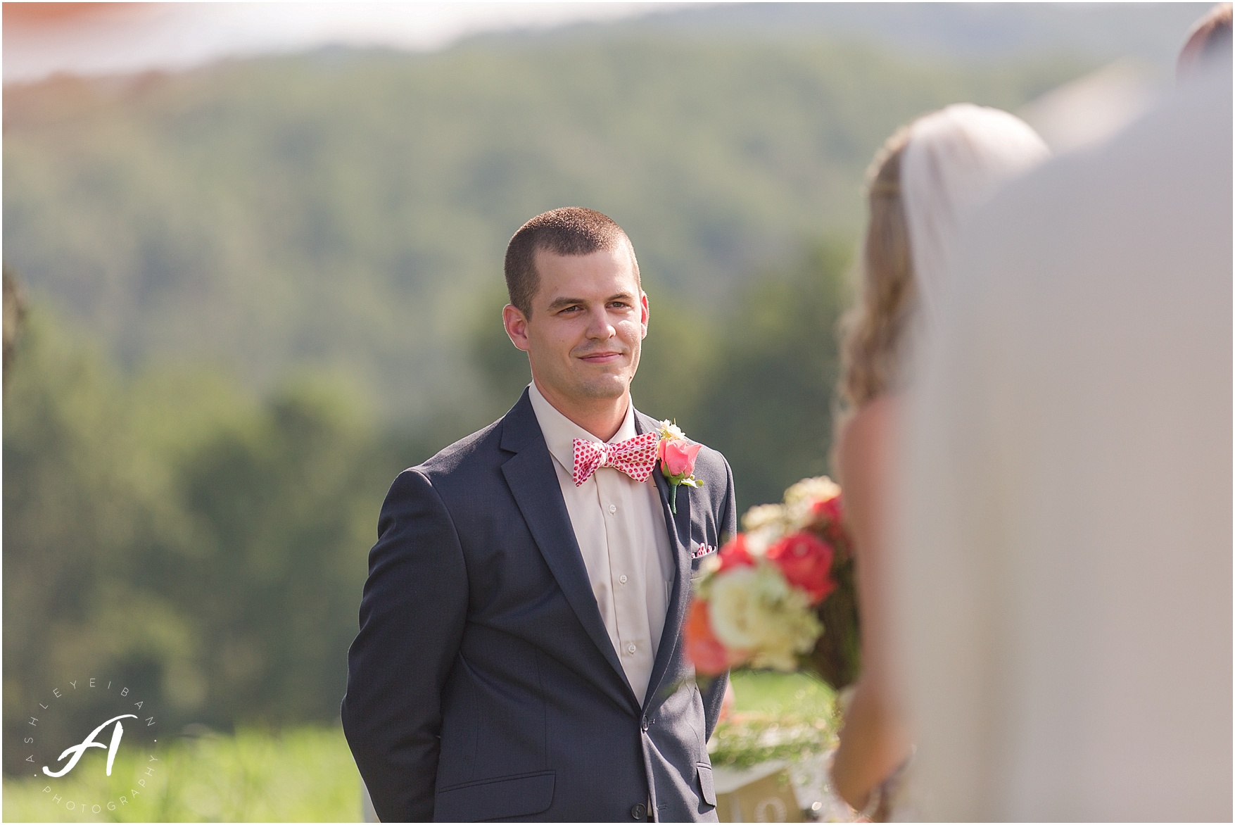 navy and coral mountain view Wedding at The Glen at The Boxtree Lodge || Braeloch Wedding in Vinton, Virginia || Ashley Eiban Photography || www.ashleyeiban.com