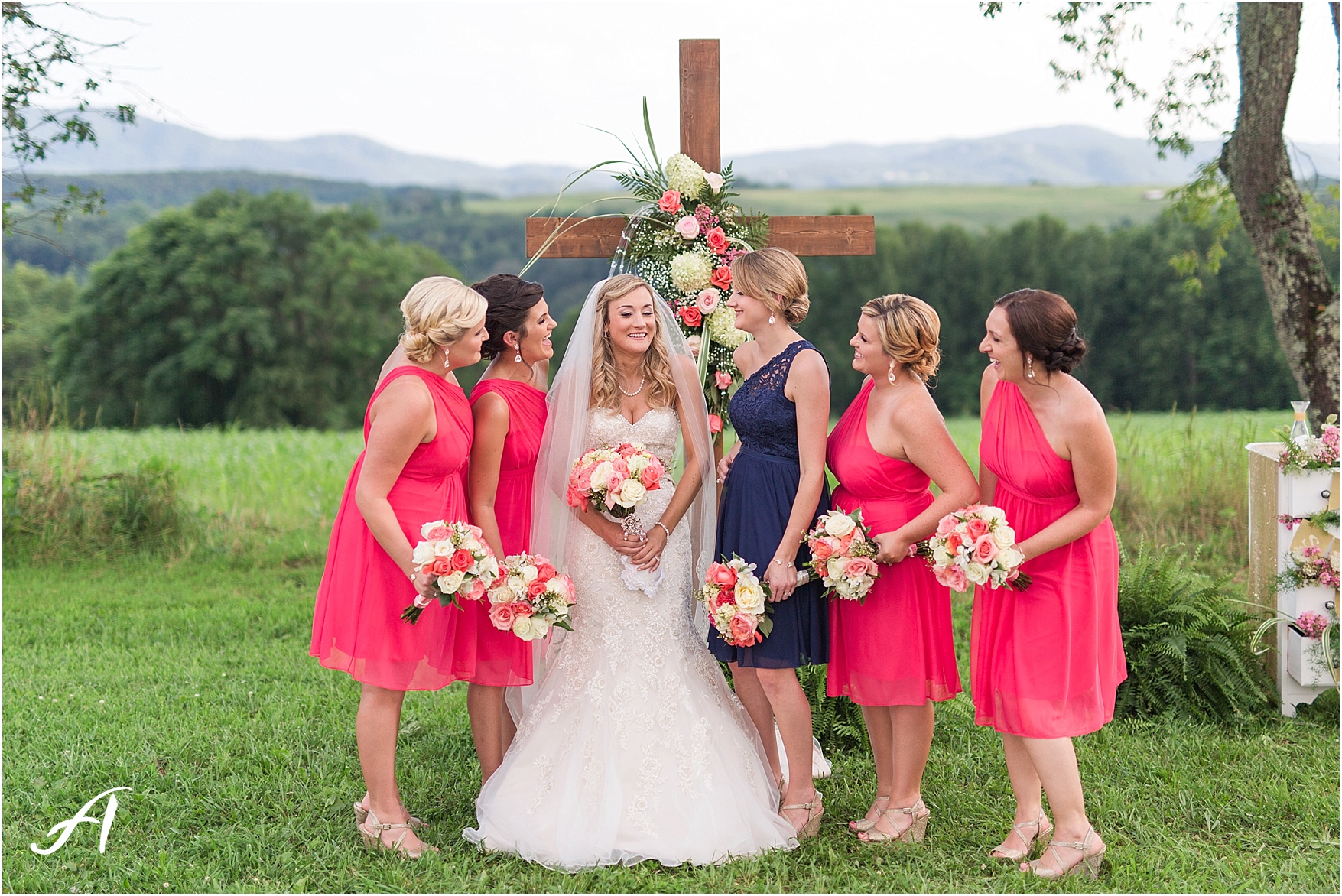 navy and coral mountain view Wedding at The Glen at The Boxtree Lodge || Braeloch Wedding in Vinton, Virginia || Ashley Eiban Photography || www.ashleyeiban.com