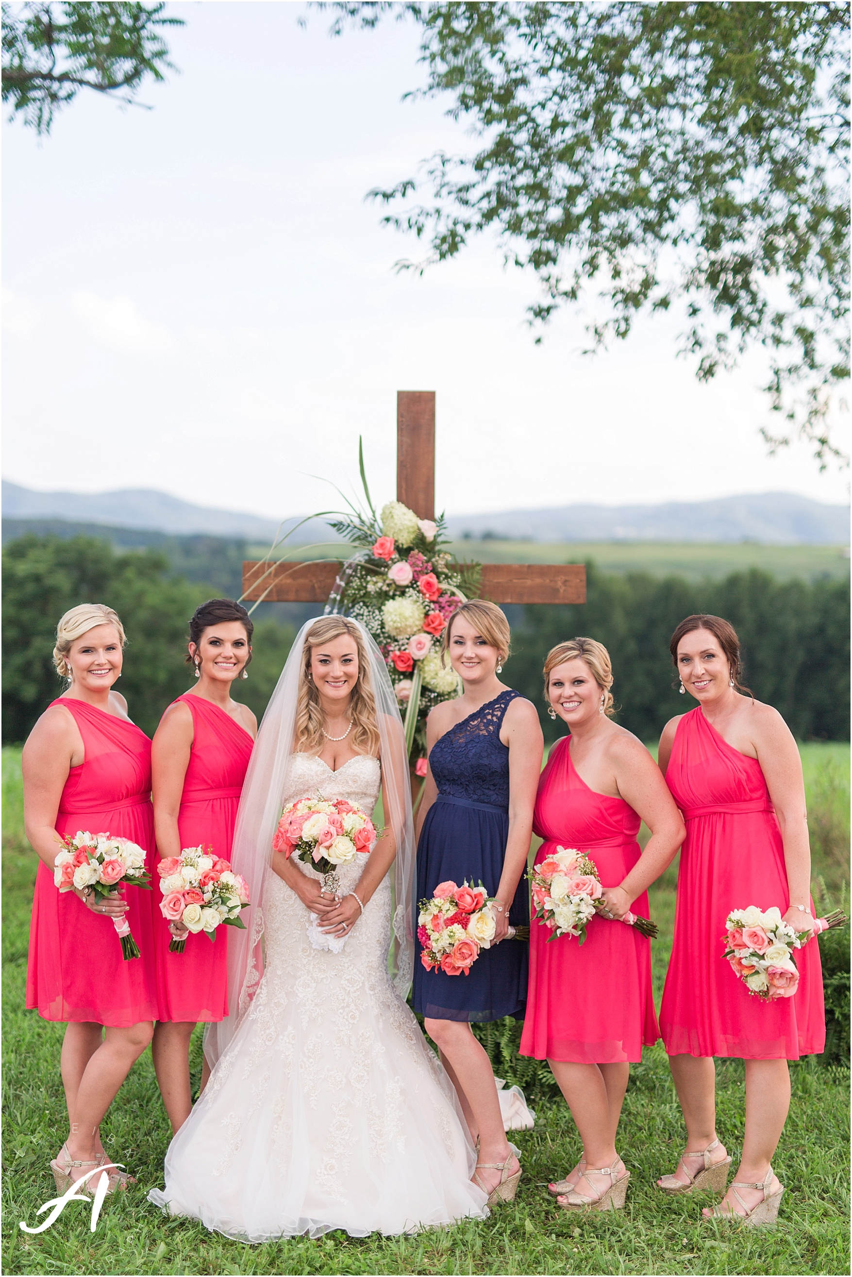 navy and coral mountain view Wedding at The Glen at The Boxtree Lodge || Braeloch Wedding in Vinton, Virginia || Ashley Eiban Photography || www.ashleyeiban.com