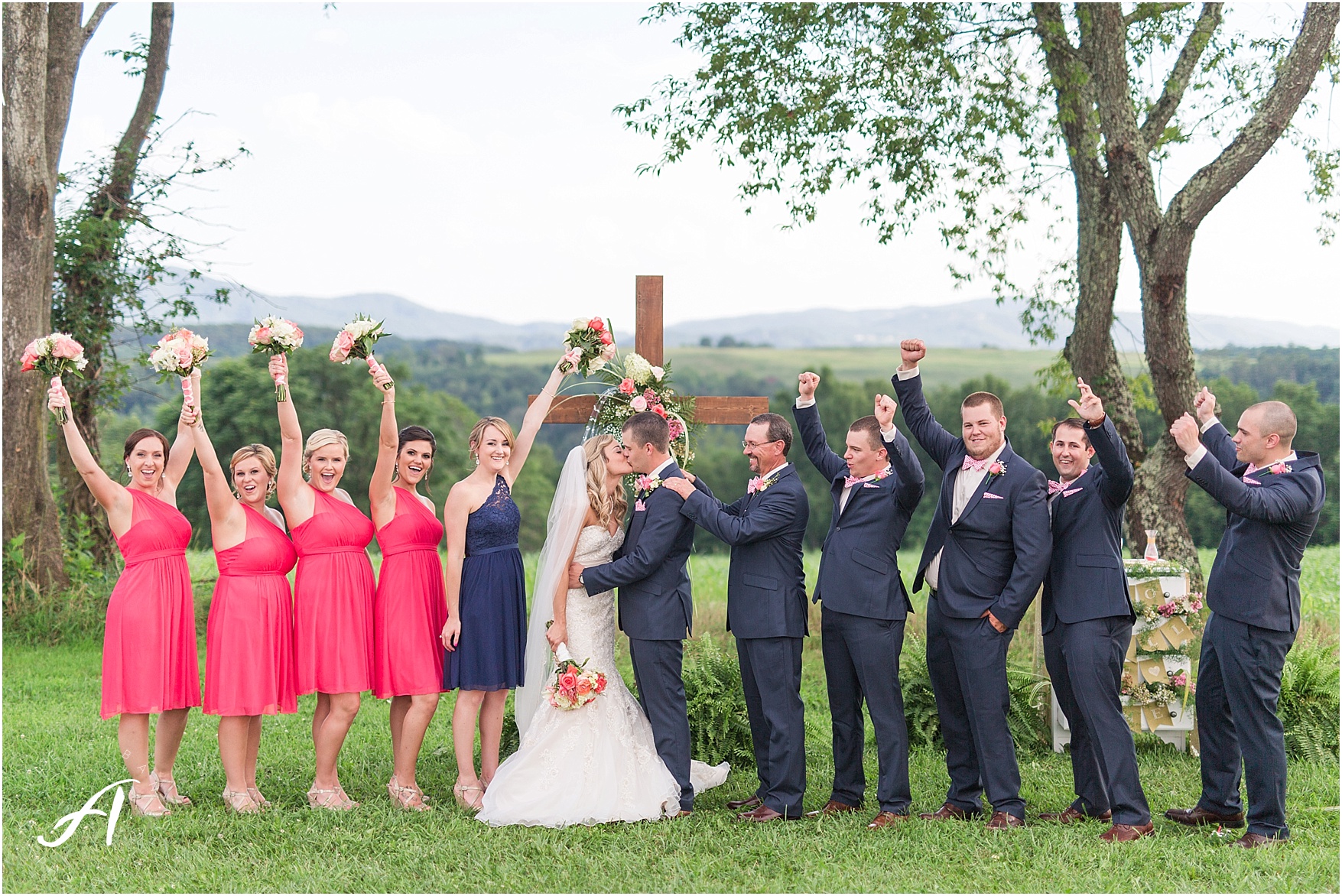 navy and coral mountain view Wedding at The Glen at The Boxtree Lodge || Braeloch Wedding in Vinton, Virginia || Ashley Eiban Photography || www.ashleyeiban.com