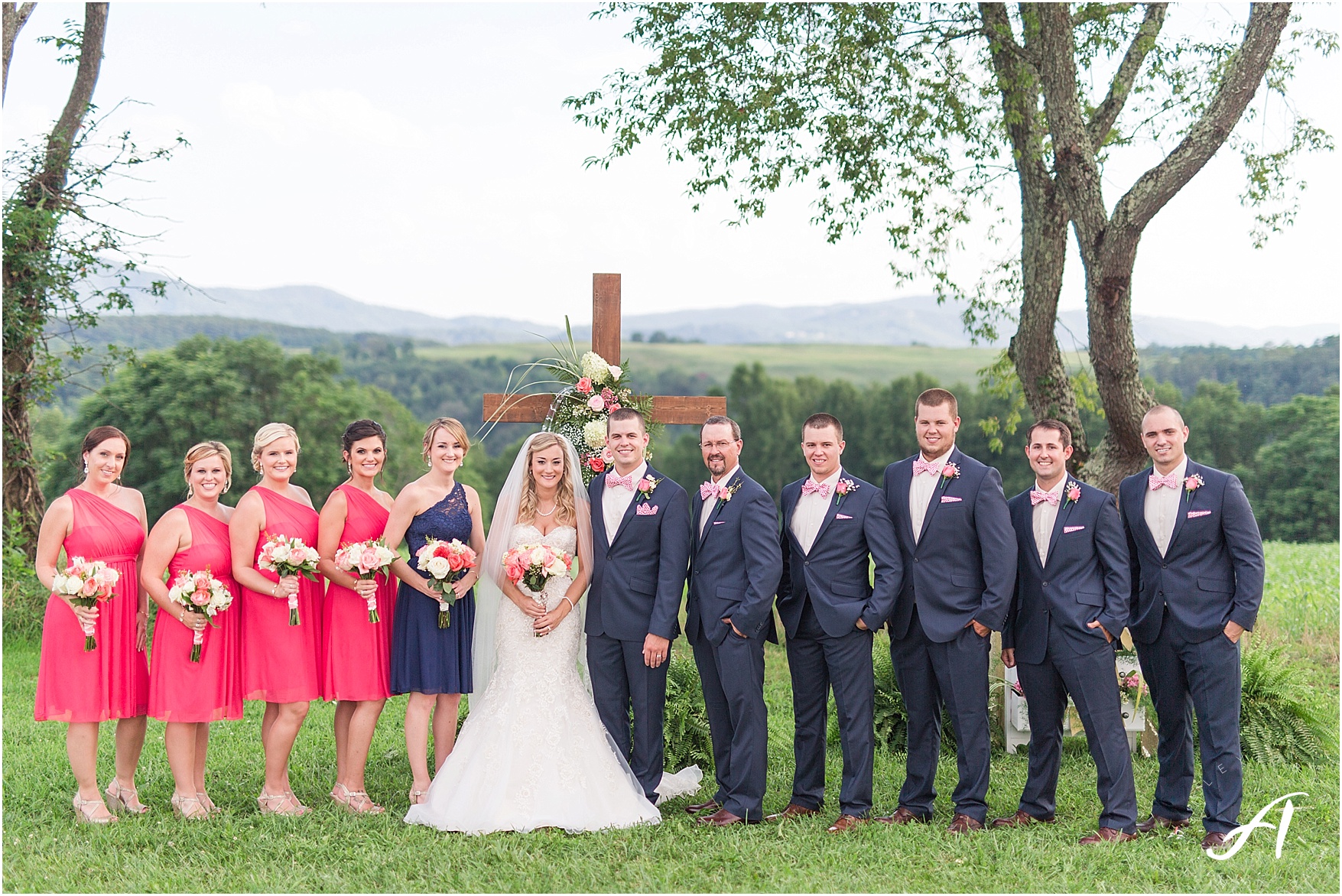 navy and coral mountain view Wedding at The Glen at The Boxtree Lodge || Braeloch Wedding in Vinton, Virginia || Ashley Eiban Photography || www.ashleyeiban.com