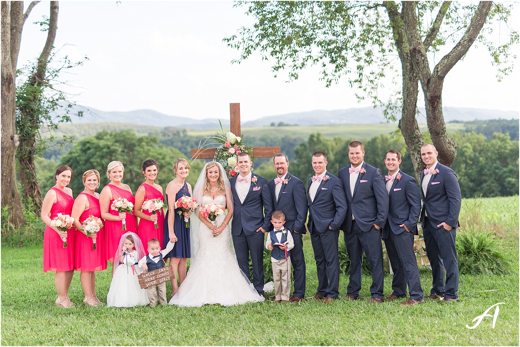 navy and coral mountain view Wedding at The Glen at The Boxtree Lodge || Braeloch Wedding in Vinton, Virginia || Ashley Eiban Photography || www.ashleyeiban.com
