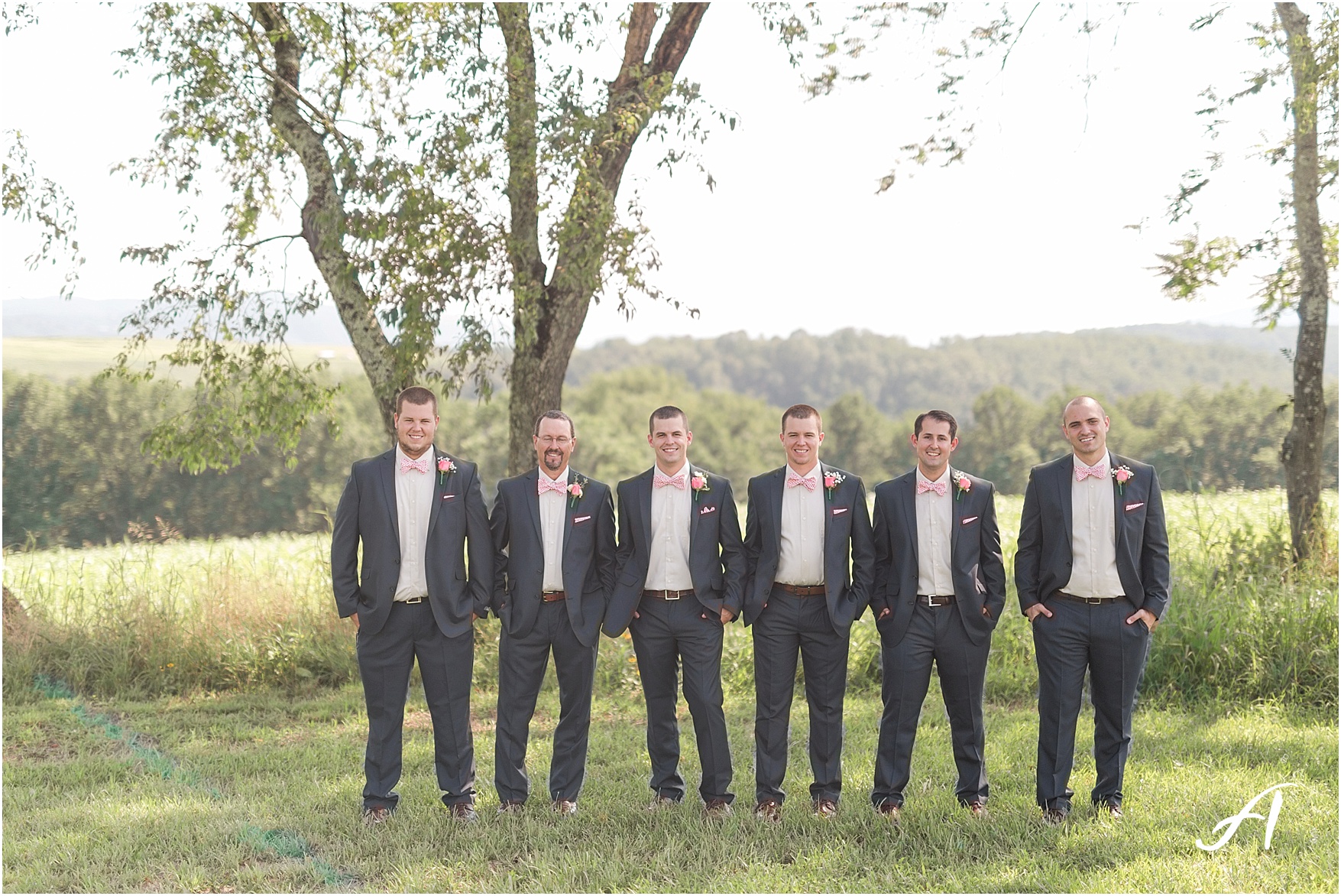 navy and coral mountain view Wedding at The Glen at The Boxtree Lodge || Braeloch Wedding in Vinton, Virginia || Ashley Eiban Photography || www.ashleyeiban.com