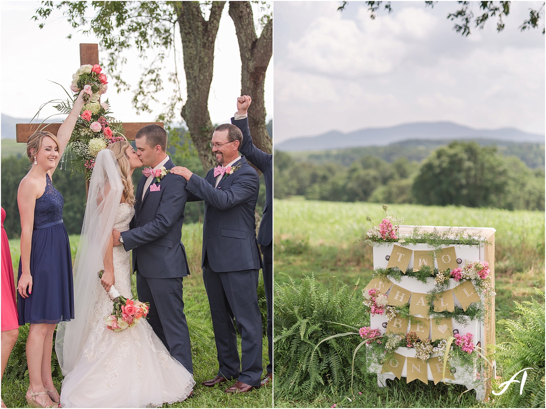 navy and coral mountain view Wedding at The Glen at The Boxtree Lodge || Braeloch Wedding in Vinton, Virginia || Ashley Eiban Photography || www.ashleyeiban.com