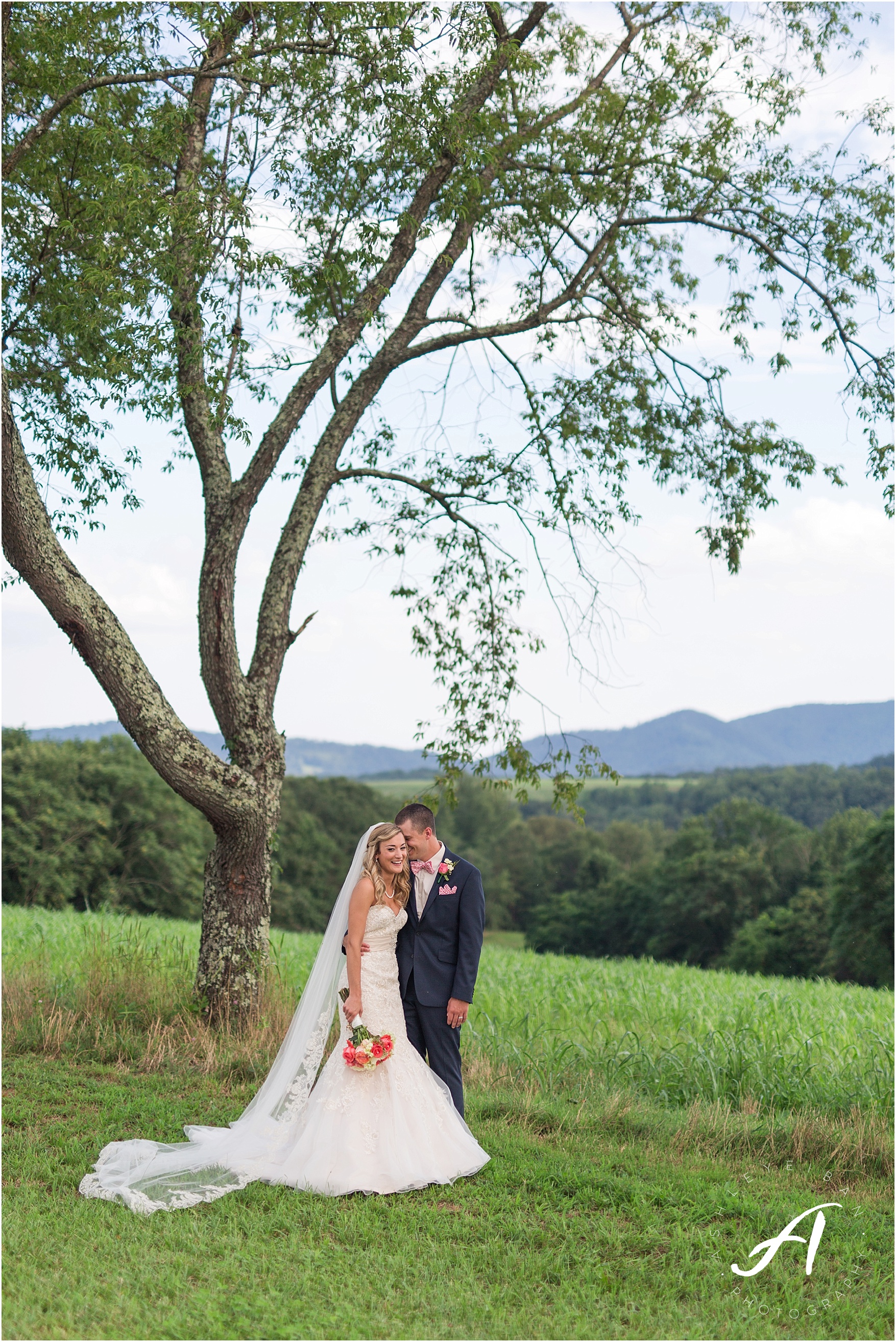 navy and coral mountain view Wedding at The Glen at The Boxtree Lodge || Braeloch Wedding in Vinton, Virginia || Ashley Eiban Photography || www.ashleyeiban.com