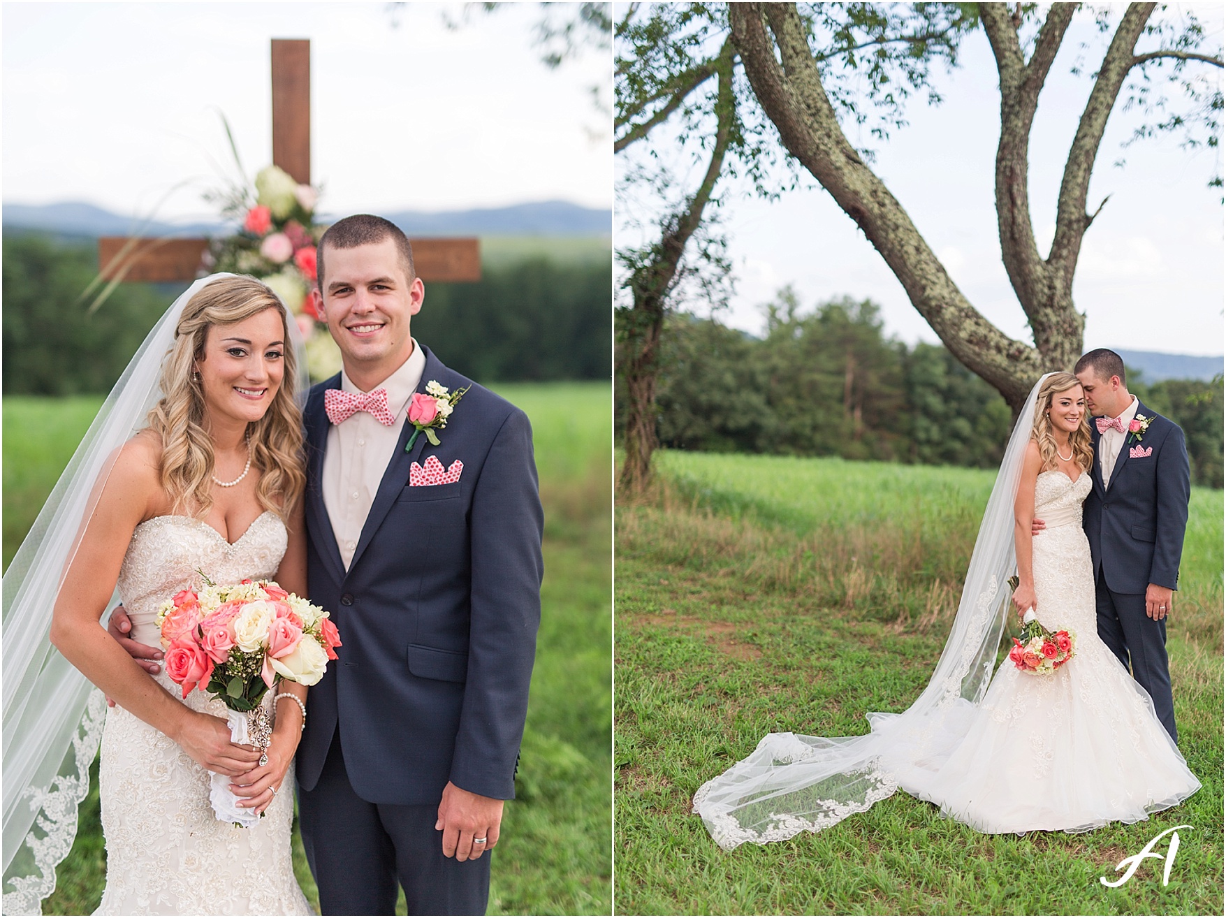 navy and coral mountain view Wedding at The Glen at The Boxtree Lodge || Braeloch Wedding in Vinton, Virginia || Ashley Eiban Photography || www.ashleyeiban.com