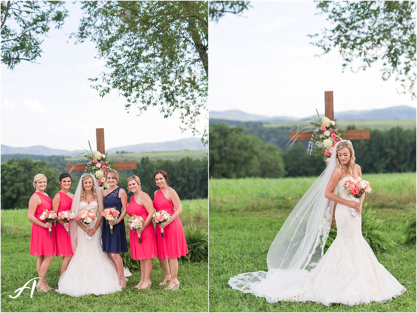 navy and coral mountain view Wedding at The Glen at The Boxtree Lodge || Braeloch Wedding in Vinton, Virginia || Ashley Eiban Photography || www.ashleyeiban.com