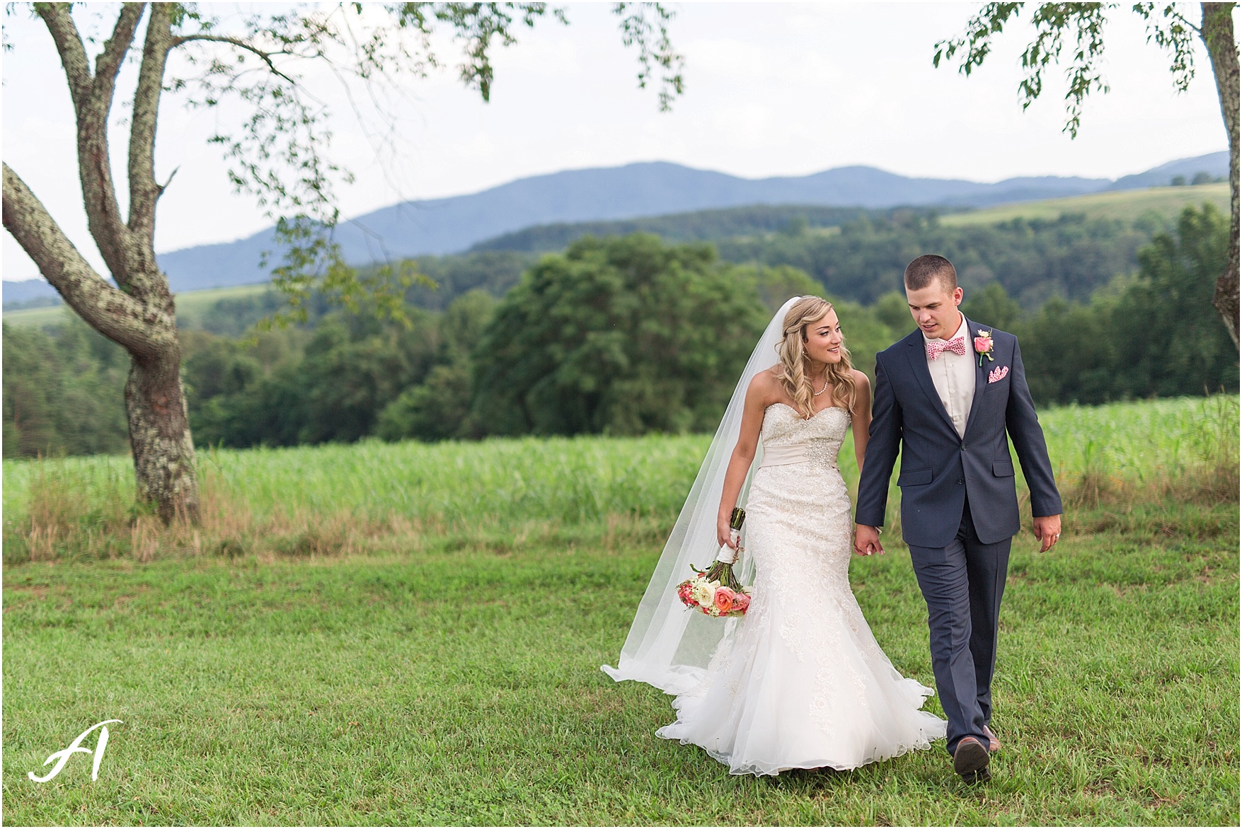 navy and coral mountain view Wedding at The Glen at The Boxtree Lodge || Braeloch Wedding in Vinton, Virginia || Ashley Eiban Photography || www.ashleyeiban.com