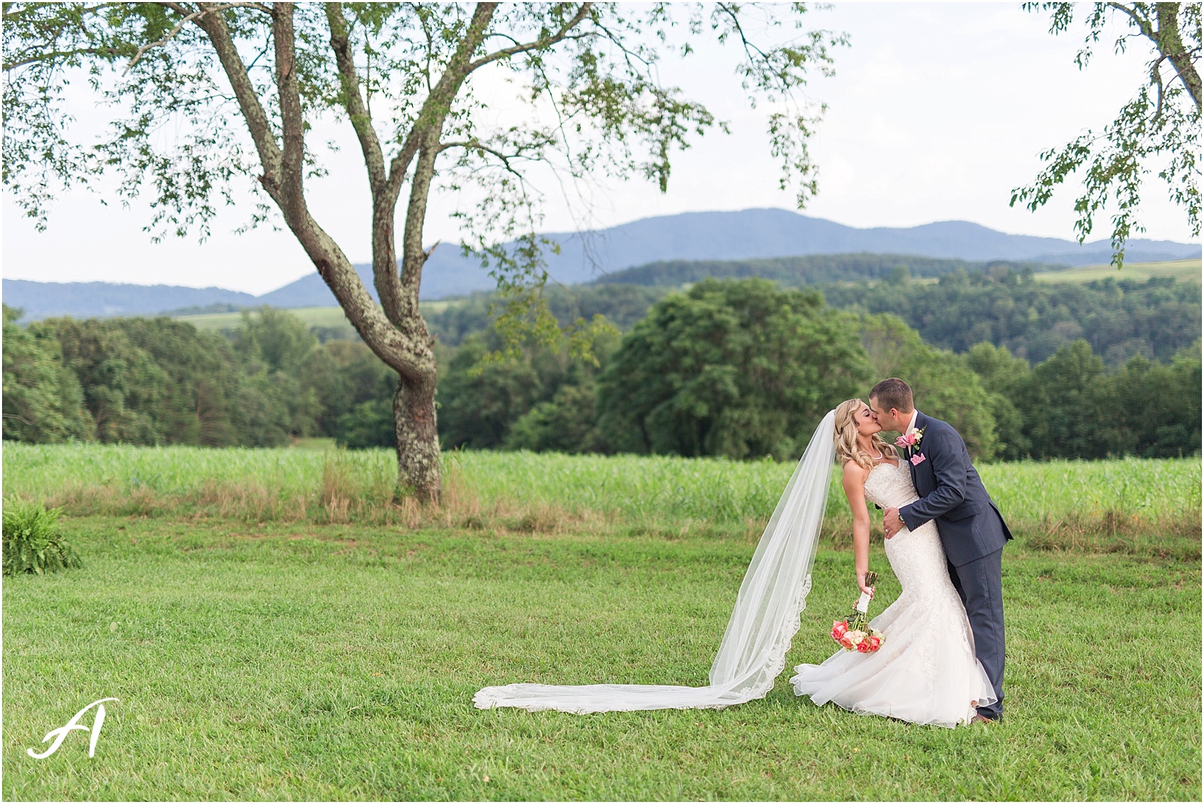 navy and coral mountain view Wedding at The Glen at The Boxtree Lodge || Braeloch Wedding in Vinton, Virginia || Ashley Eiban Photography || www.ashleyeiban.com