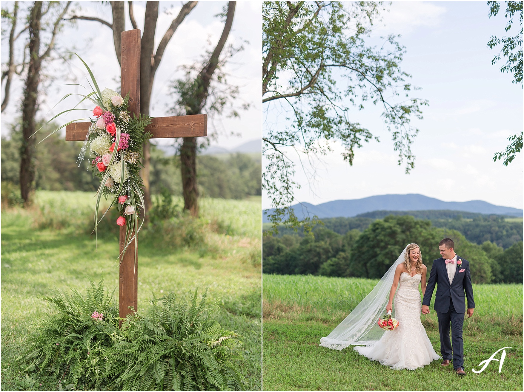 navy and coral mountain view Wedding at The Glen at The Boxtree Lodge || Braeloch Wedding in Vinton, Virginia || Ashley Eiban Photography || www.ashleyeiban.com