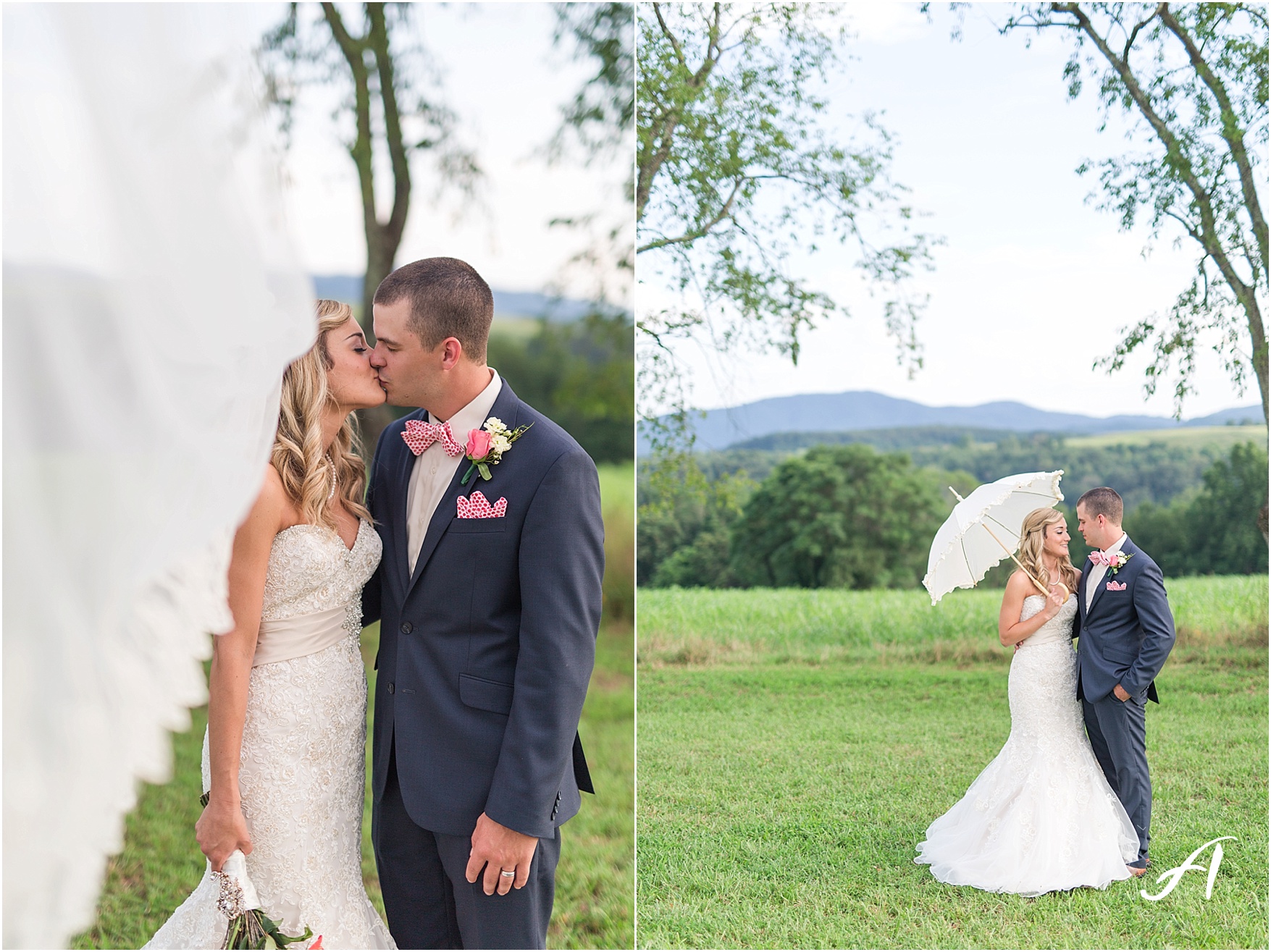 navy and coral mountain view Wedding at The Glen at The Boxtree Lodge || Braeloch Wedding in Vinton, Virginia || Ashley Eiban Photography || www.ashleyeiban.com