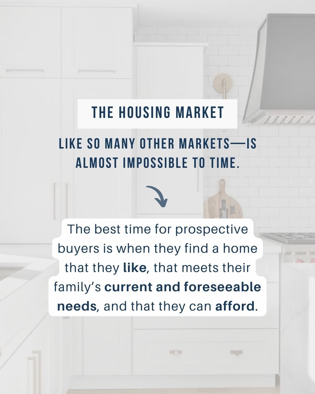Don&rsquo;t skip this part!

It can be easy for buyers to fall into the trap of trying to time the market.

But unless you have a crystal ball, timing the housing market just isn&rsquo;t possible because there are too many variables and unknowns. 

S