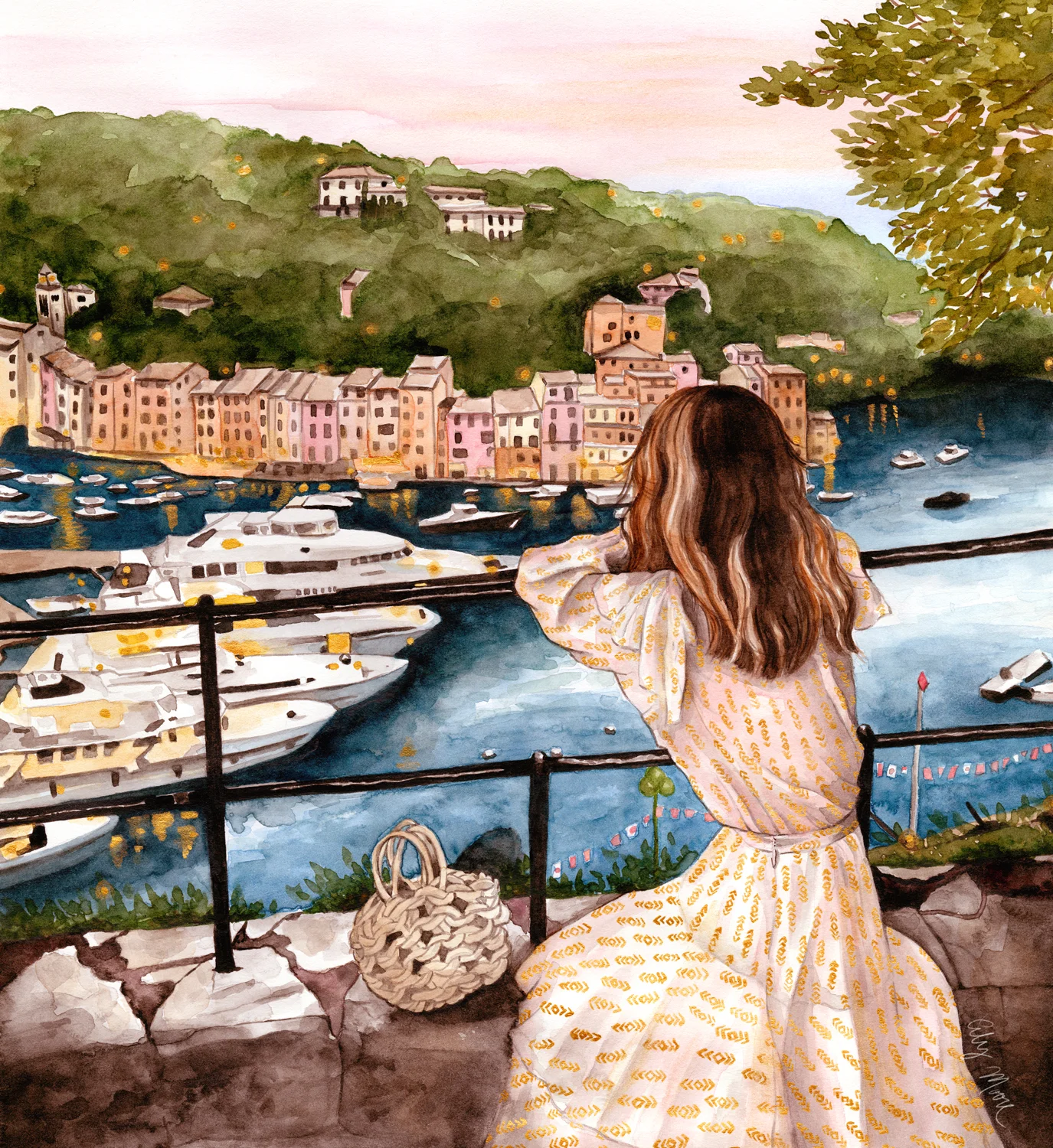  Inspired by the Amalfi Coast, Italy and photo reference @notjessfashion .  Watercolor and metallic paint on paper. 