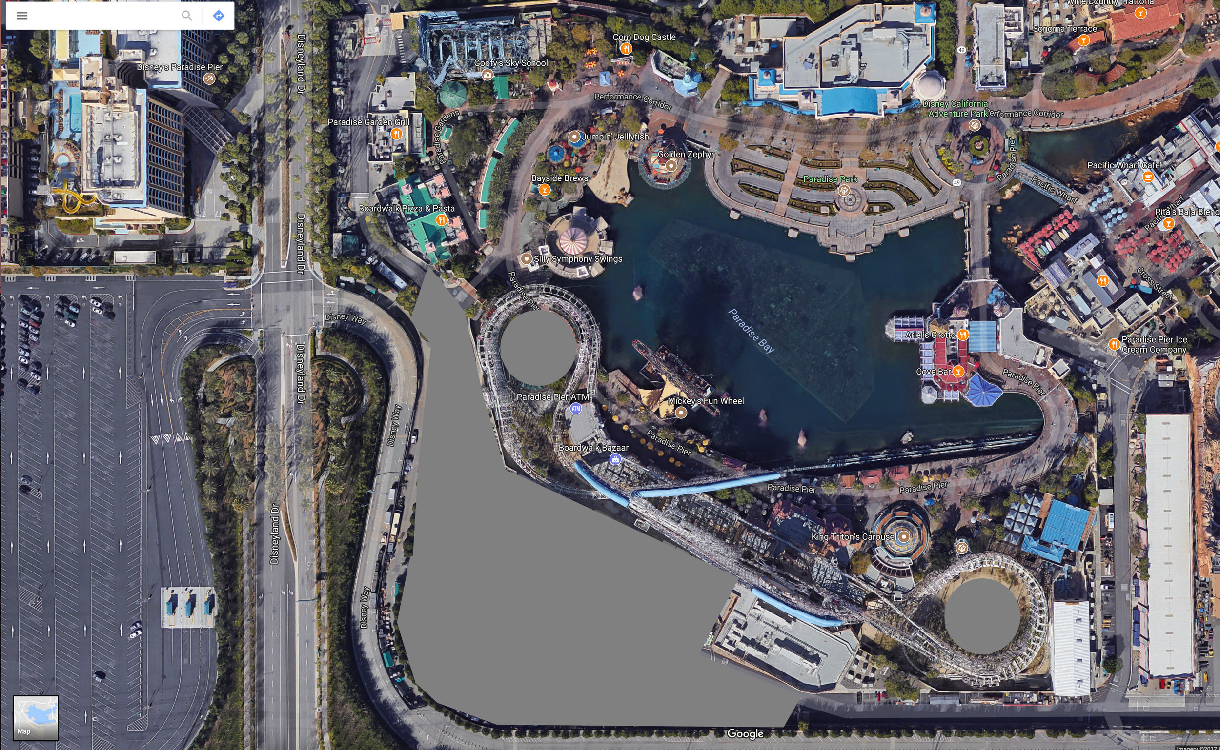 Short term amount of backstage land that could be opened up as themed environment.