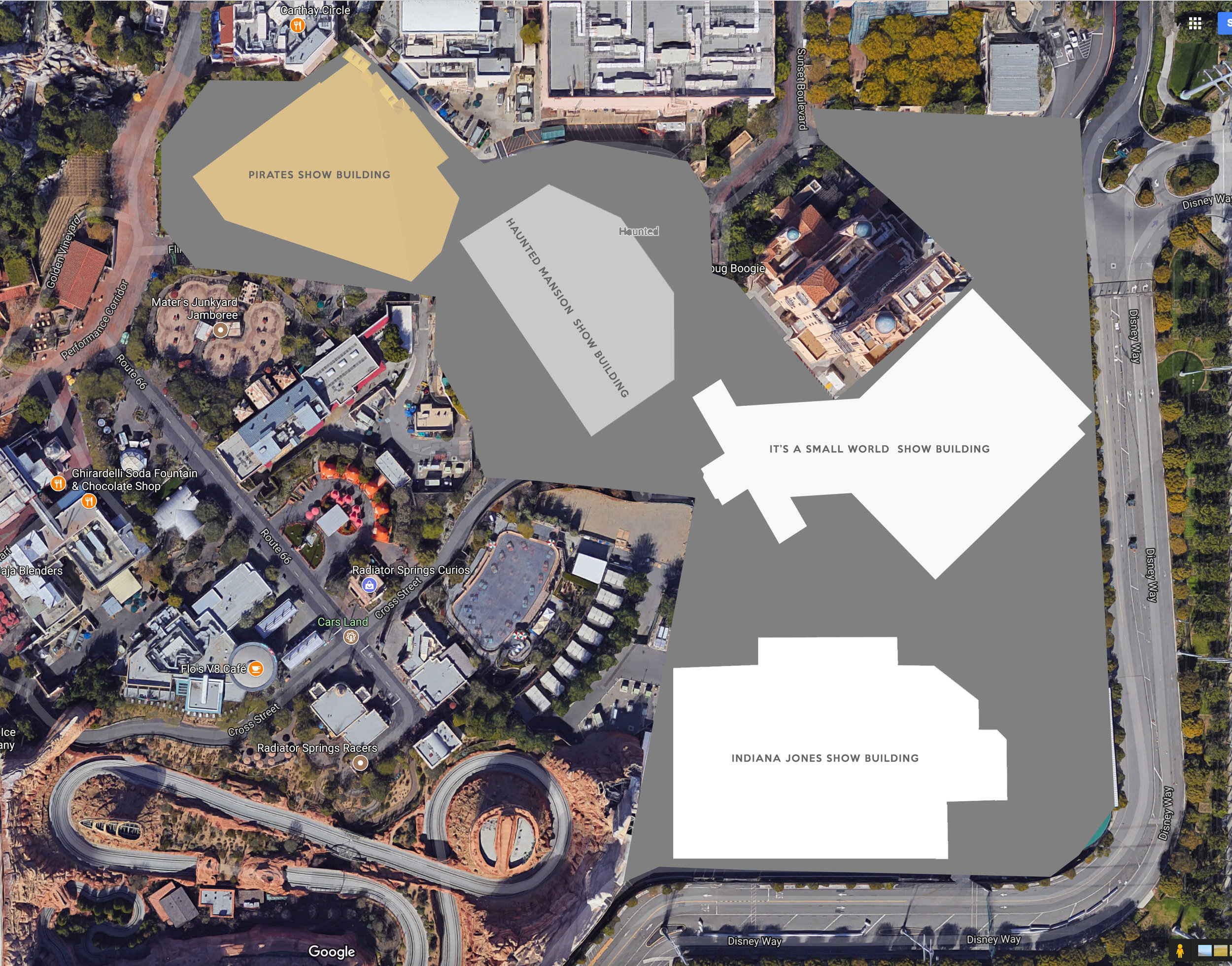 Possible area for future Marvel Land expansion project with familiar show buildings added for scale. 