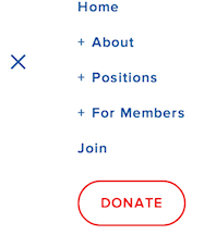 The hamburger menu expands vertically at the right. The plus signs show you which menus expand even further. The X closes the menu so you see the hamburger icon again.