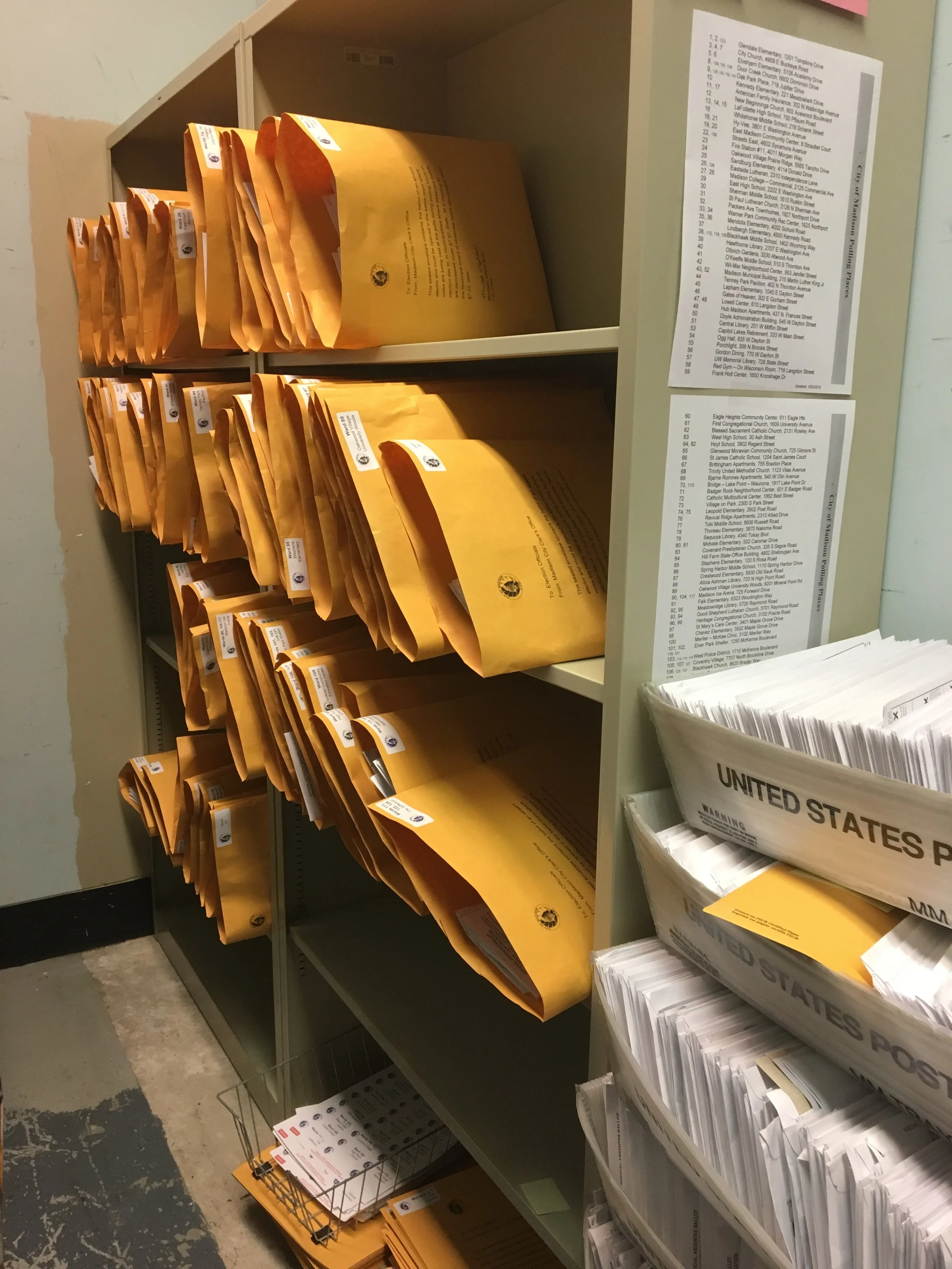 In the vault, sorted ballots are placed into larger envelopes to be delivered to polling locations on Election Day. (Photo courtesy of Maribeth Witzel-Behl.)