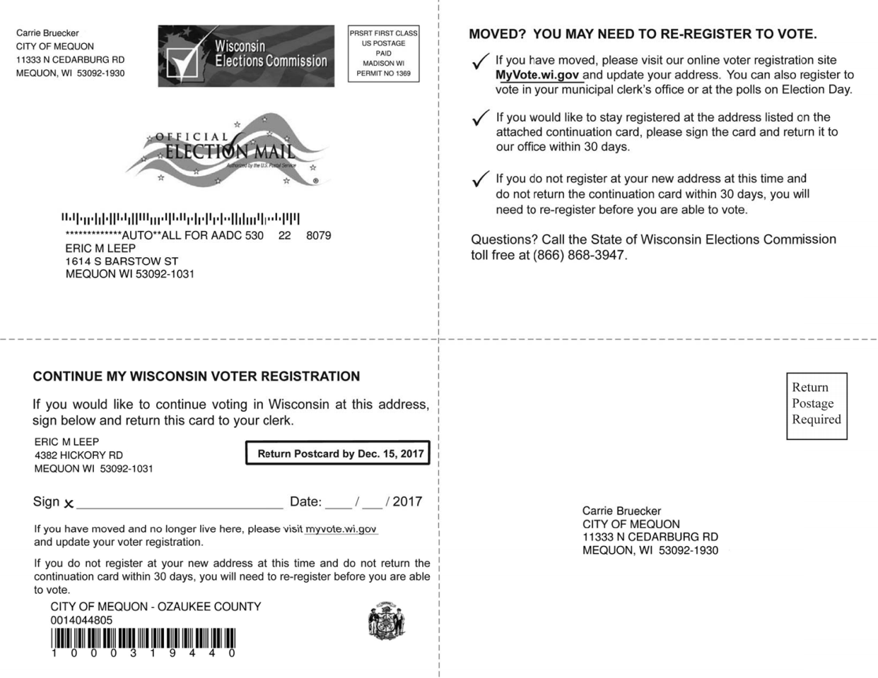 Front and back of sample tear-off postcard to a voter who has moved.