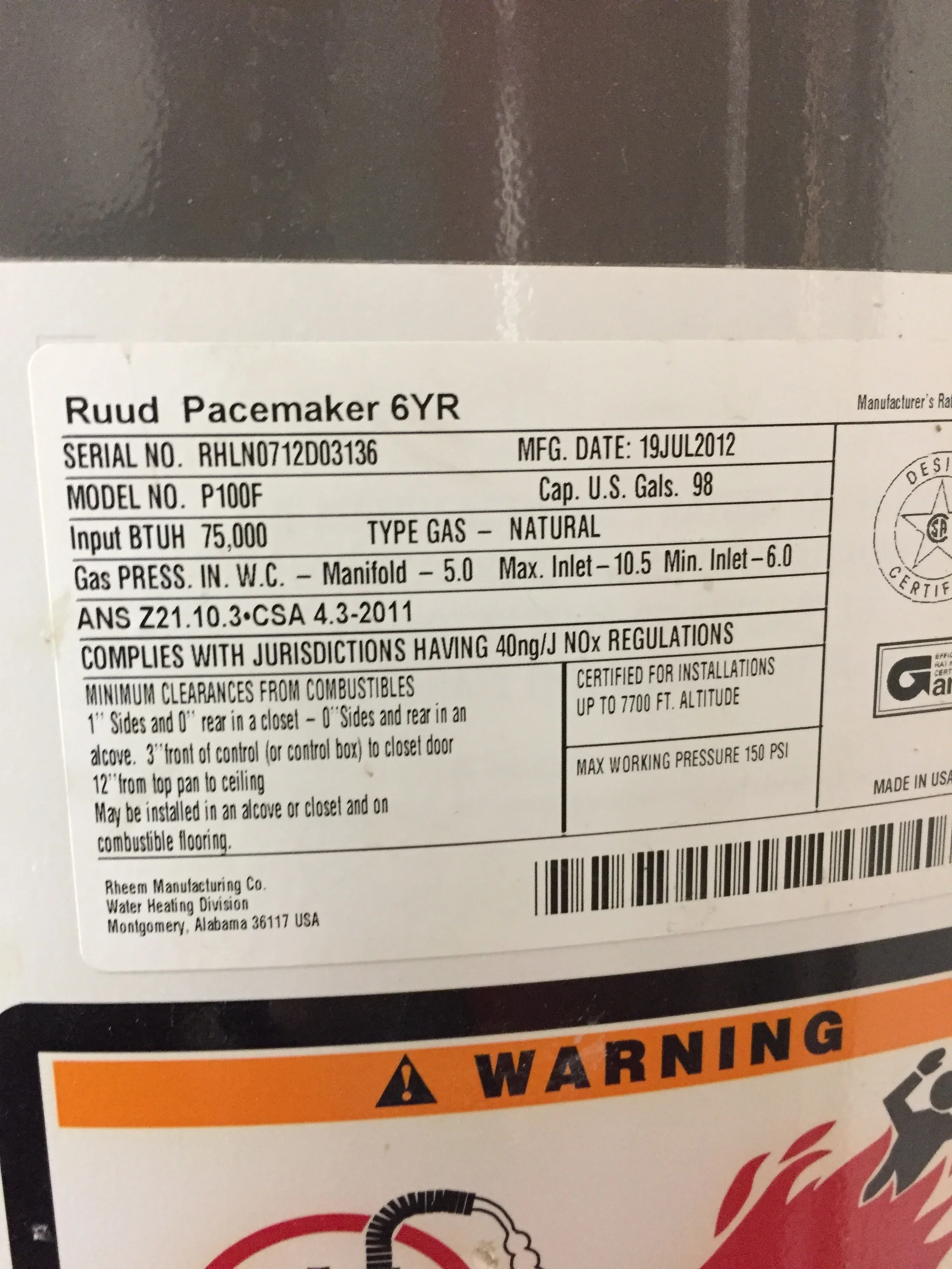 Rheem Ruud 100 gal Hot Water Heater-N354 — Upcycle