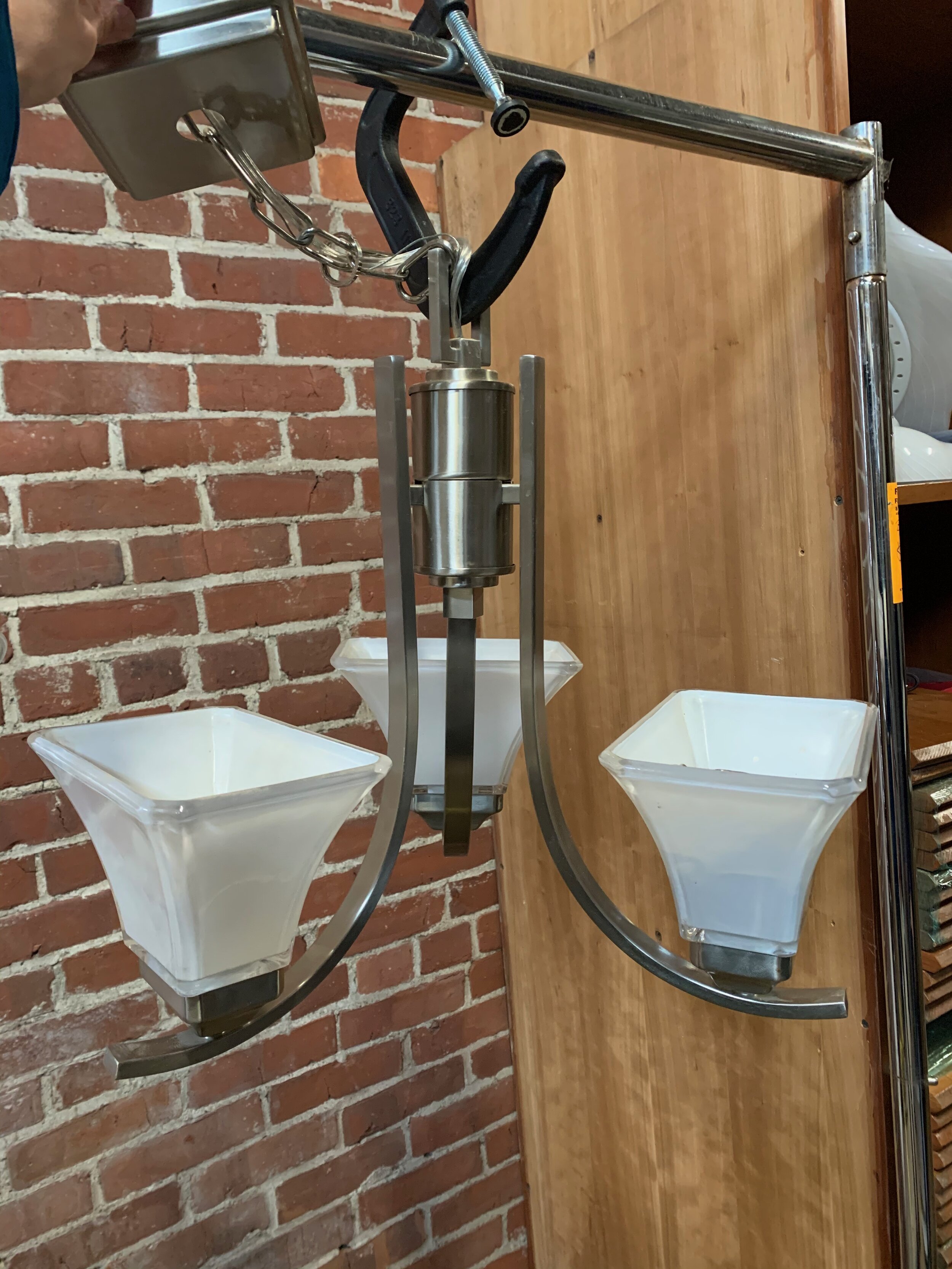 3-Light Brushed Nickel Chandelier with White Glass Shades BX72