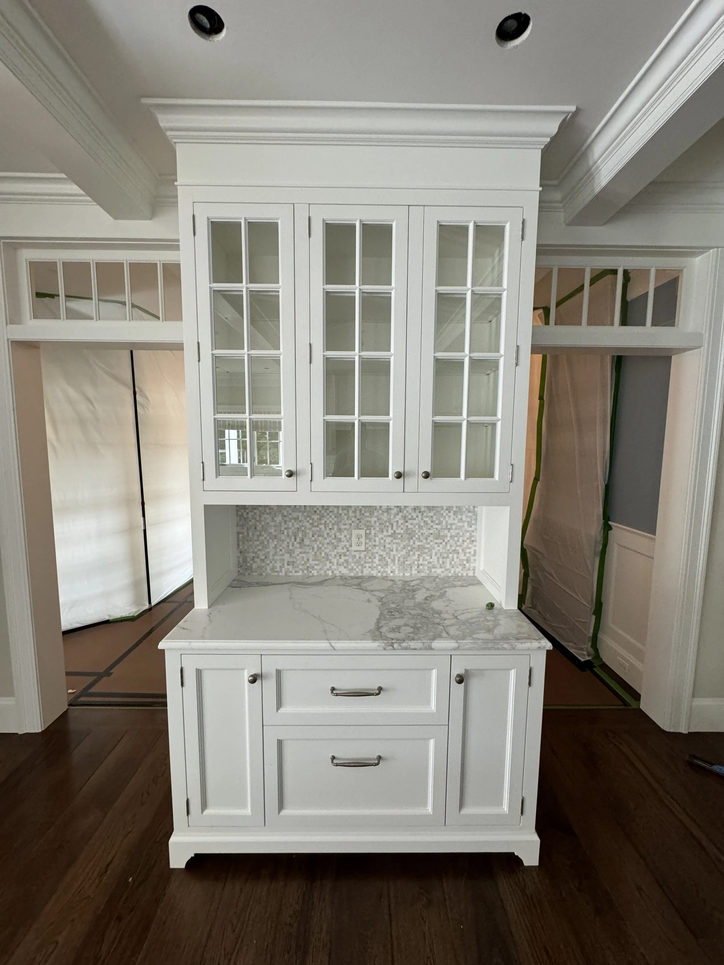 Herrick and White Glass Cabinet Pantry w Miele Warming Drawer OS47