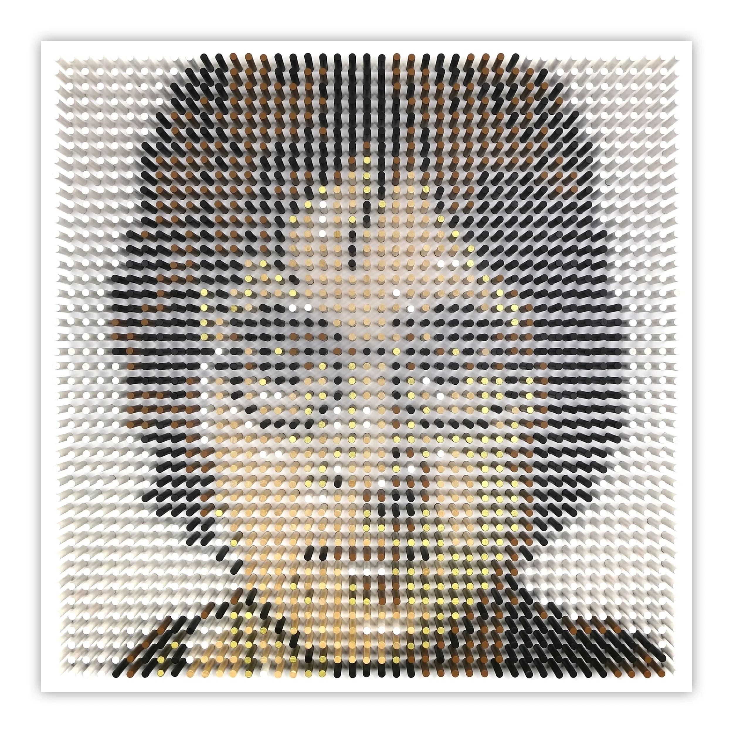 Portrait geometric wall sculpture made from painted wooden dowels by Matt Bilfield