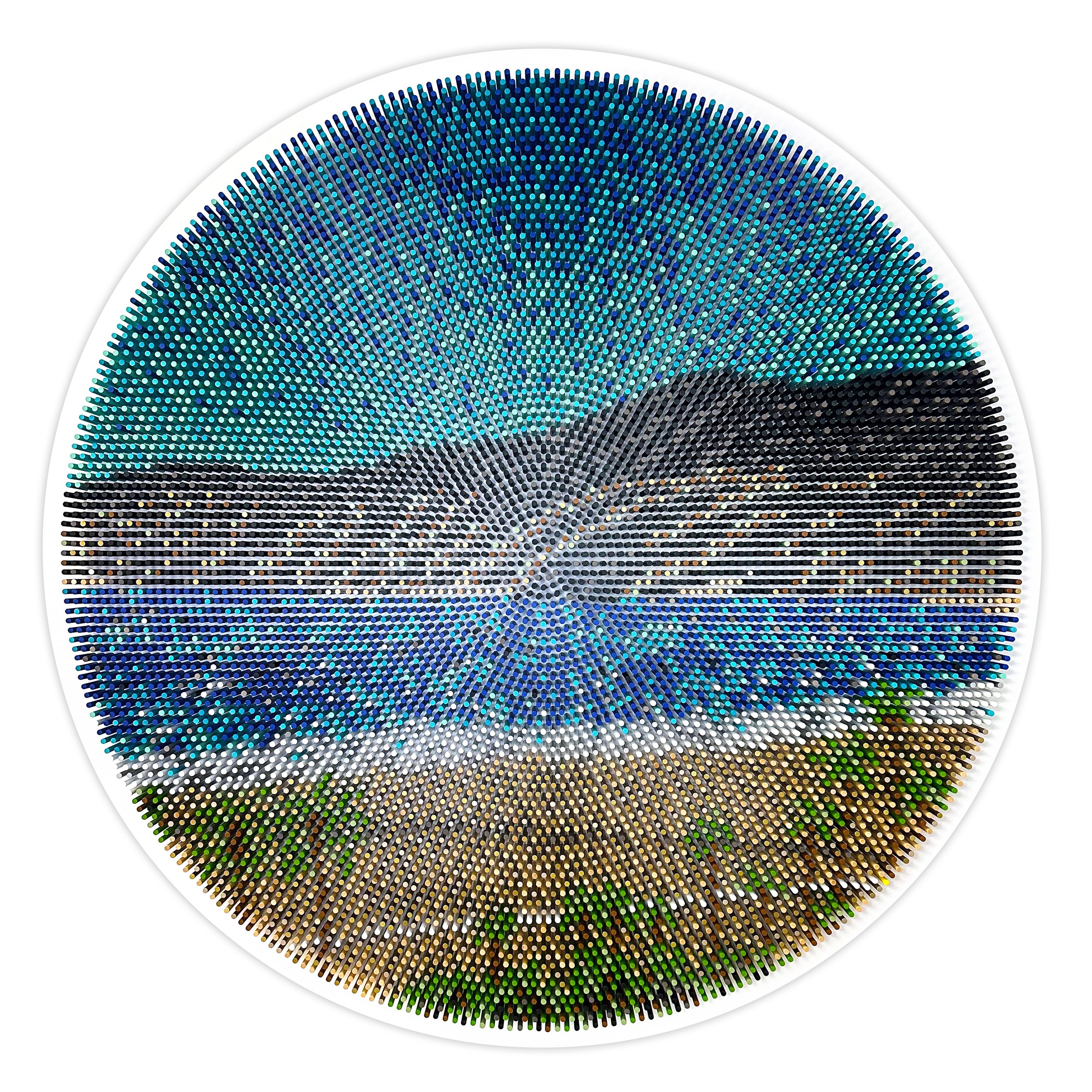 Beach landscape geometric wall sculpture made from painted wooden dowels by Matt Bilfield