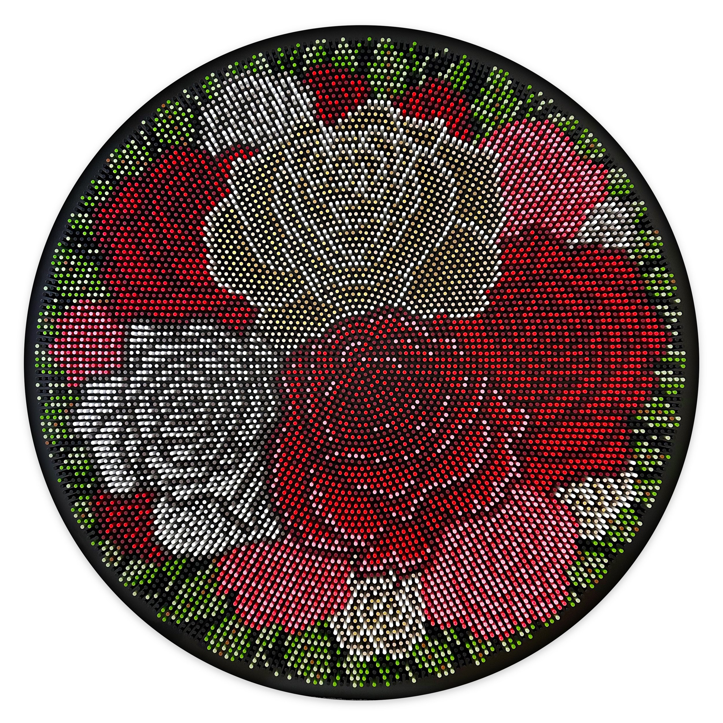 Rose floral geometric wall sculpture made from painted wooden dowels by Matt Bilfield
