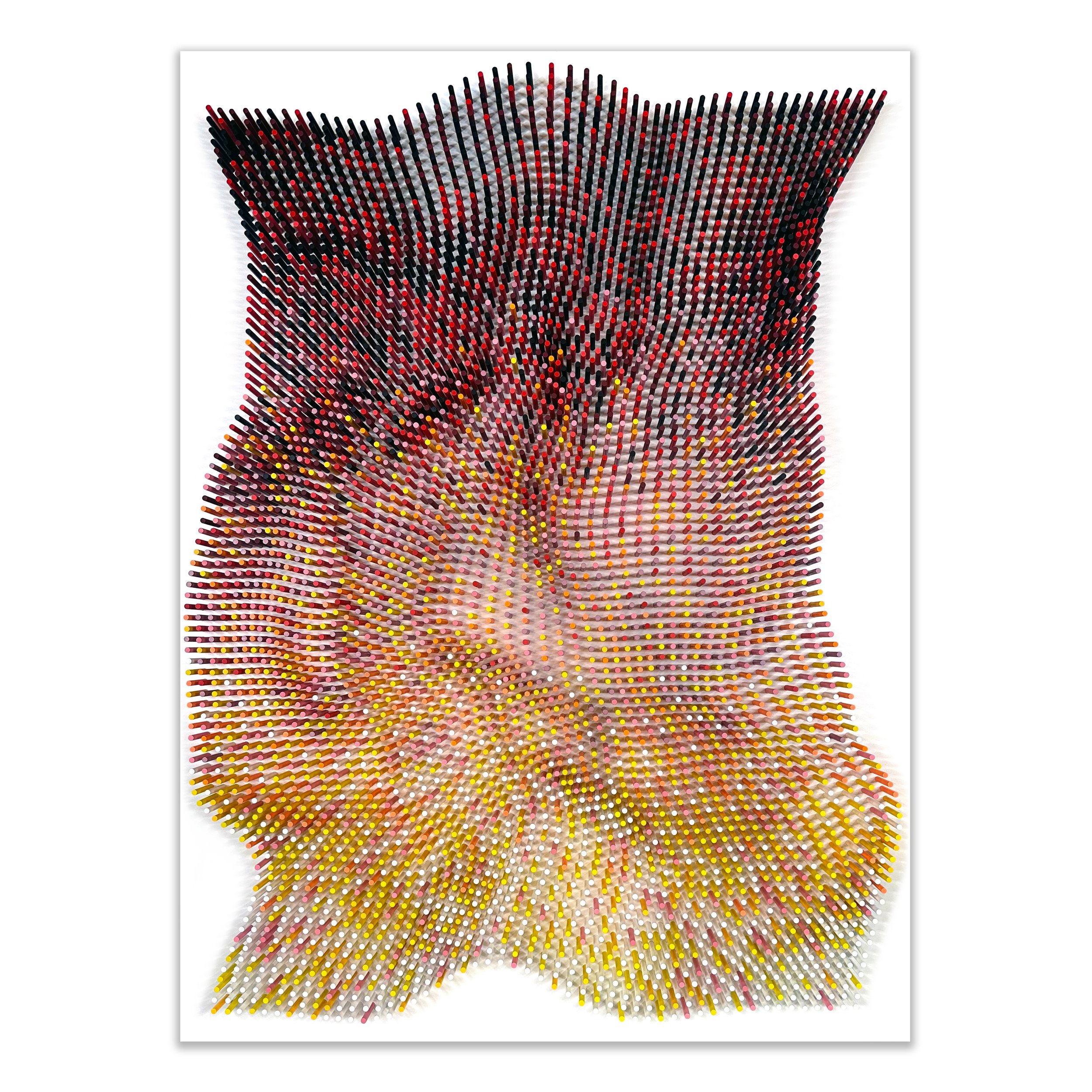 Geometric wall sculpture by Matt Bilfield made from painted wooden dowels