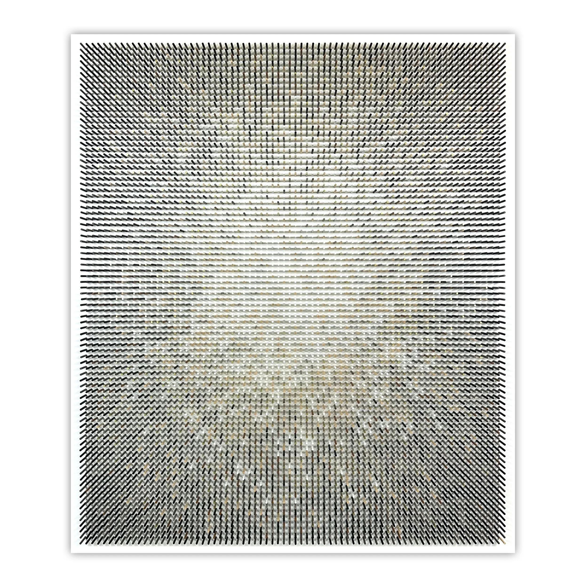 Geometric wall sculpture by Matt Bilfield made from painted wooden dowels