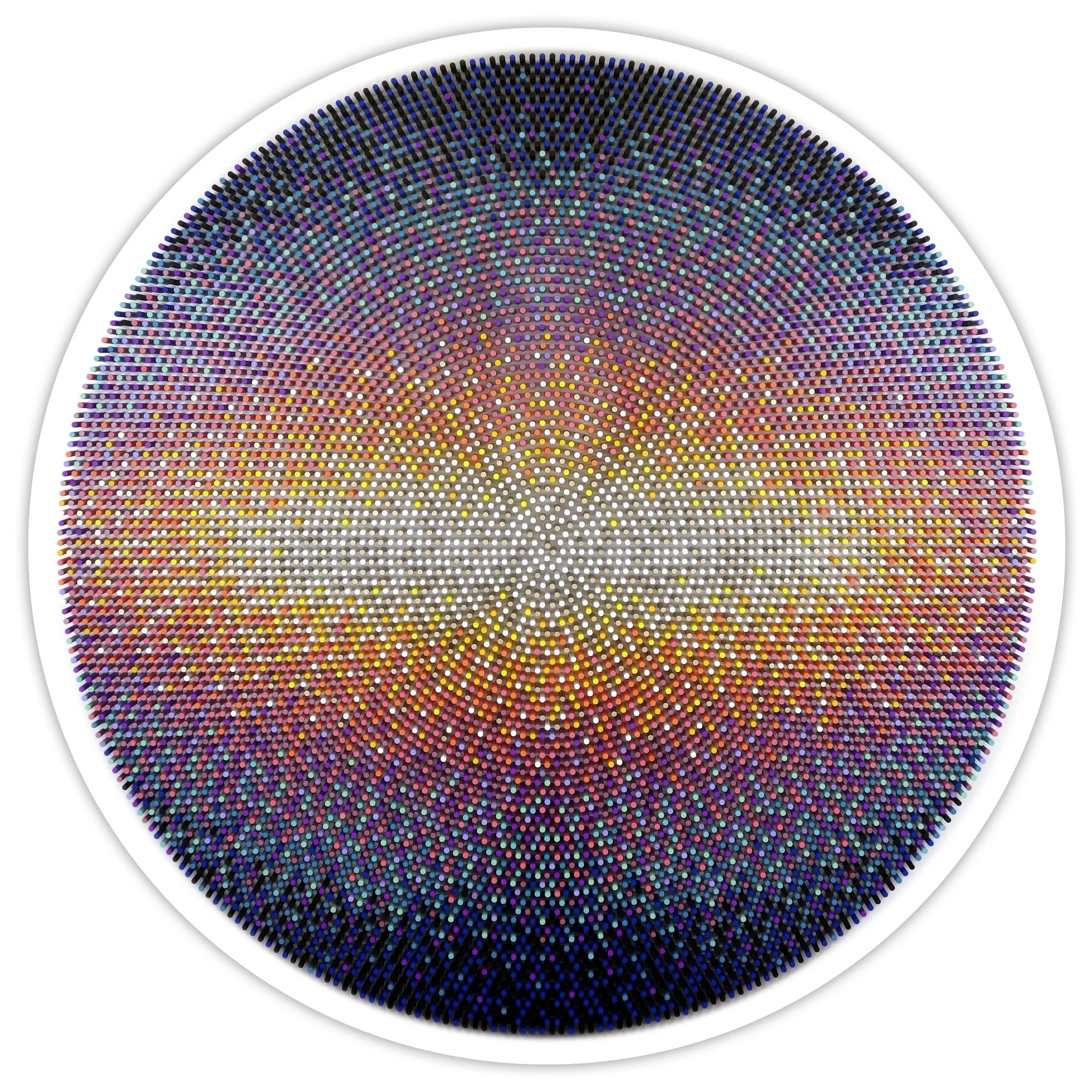 Geometric wall sculpture by Matt Bilfield made from painted wooden dowels