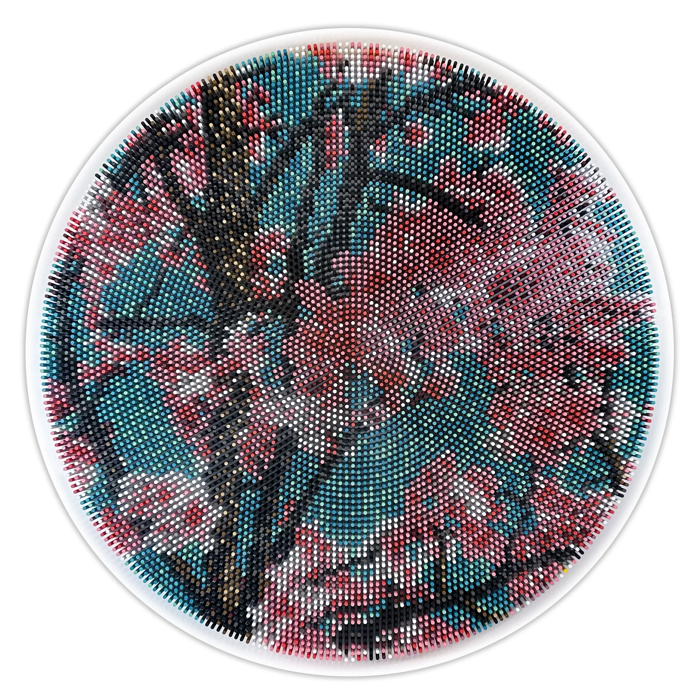 Cherry blossom geometric wall sculpture by Matt Bilfield made from painted wooden dowels