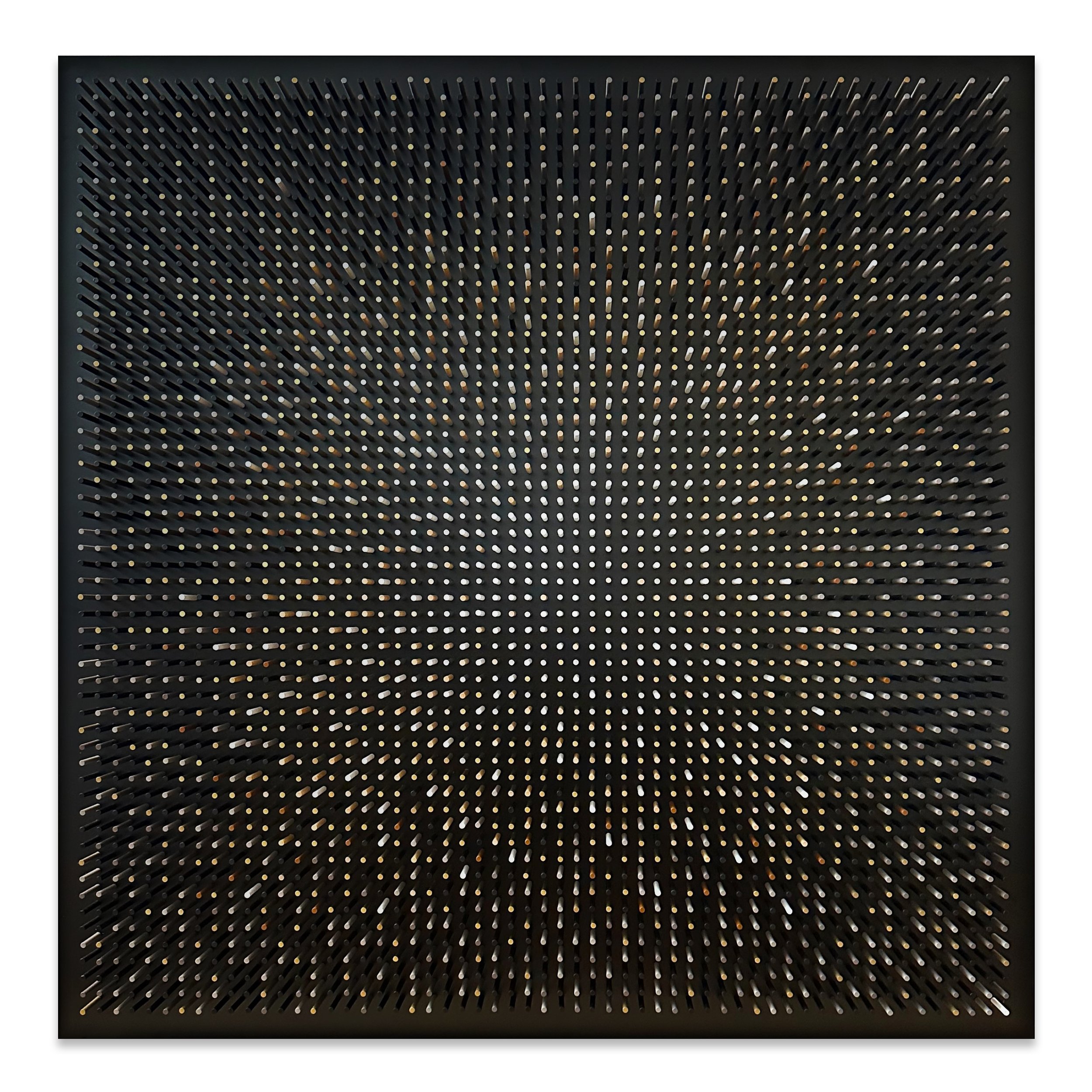 Geometric wall sculpture by Matt Bilfield made from painted wooden dowels